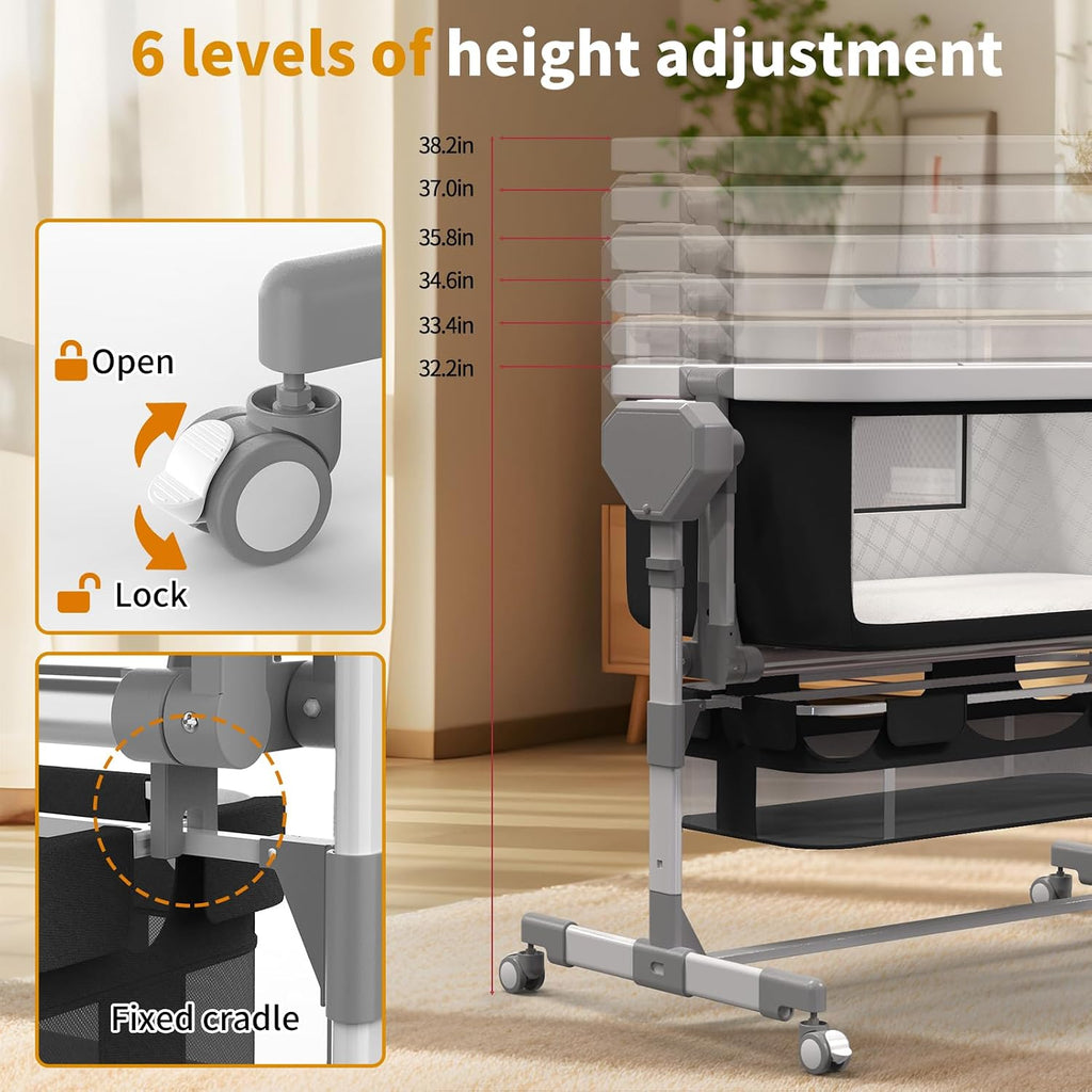 Rocking Bassinet for Baby, Electric Bassinet Automatic 5 Rocking Motion Bassinet Bedside Sleeper for Newborn, Auto Rolling Baby Cradle 6 Height Adjustable with 4 Lullabies, Wheels, Storage