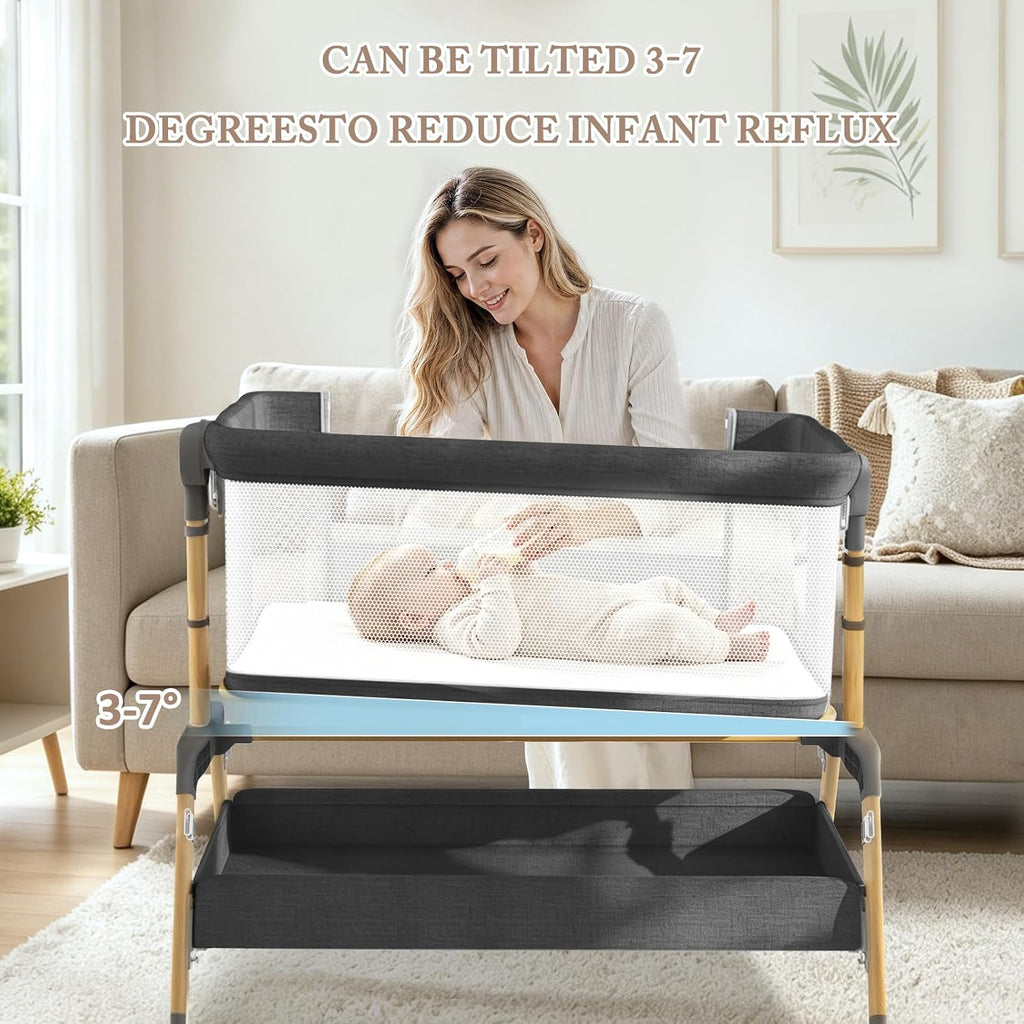 3 in 1 Baby Bassinet, Bedside Sleeper for Newborn, 7-Level Height Adjustable, Rocking Bassinet with Breathable Mesh, Lockable Wheels & Large Storage Space, Portable Baby Crib（Dark Gray）