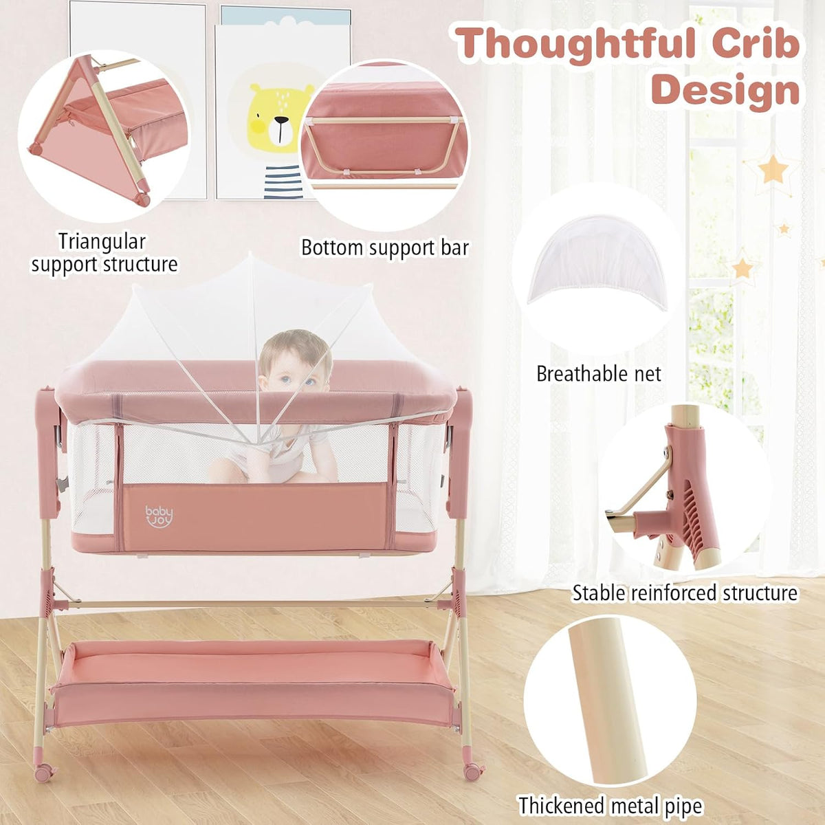 BABY JOY Bassinet, 3 in 1 Rocking Bedside Bassinet w/Storage Basket, Universal Wheels, Adjustable Height, Mattress, Net & Portable Bag, Carriable Crib Baby Bassinets Bedside Sleeper (Pink)