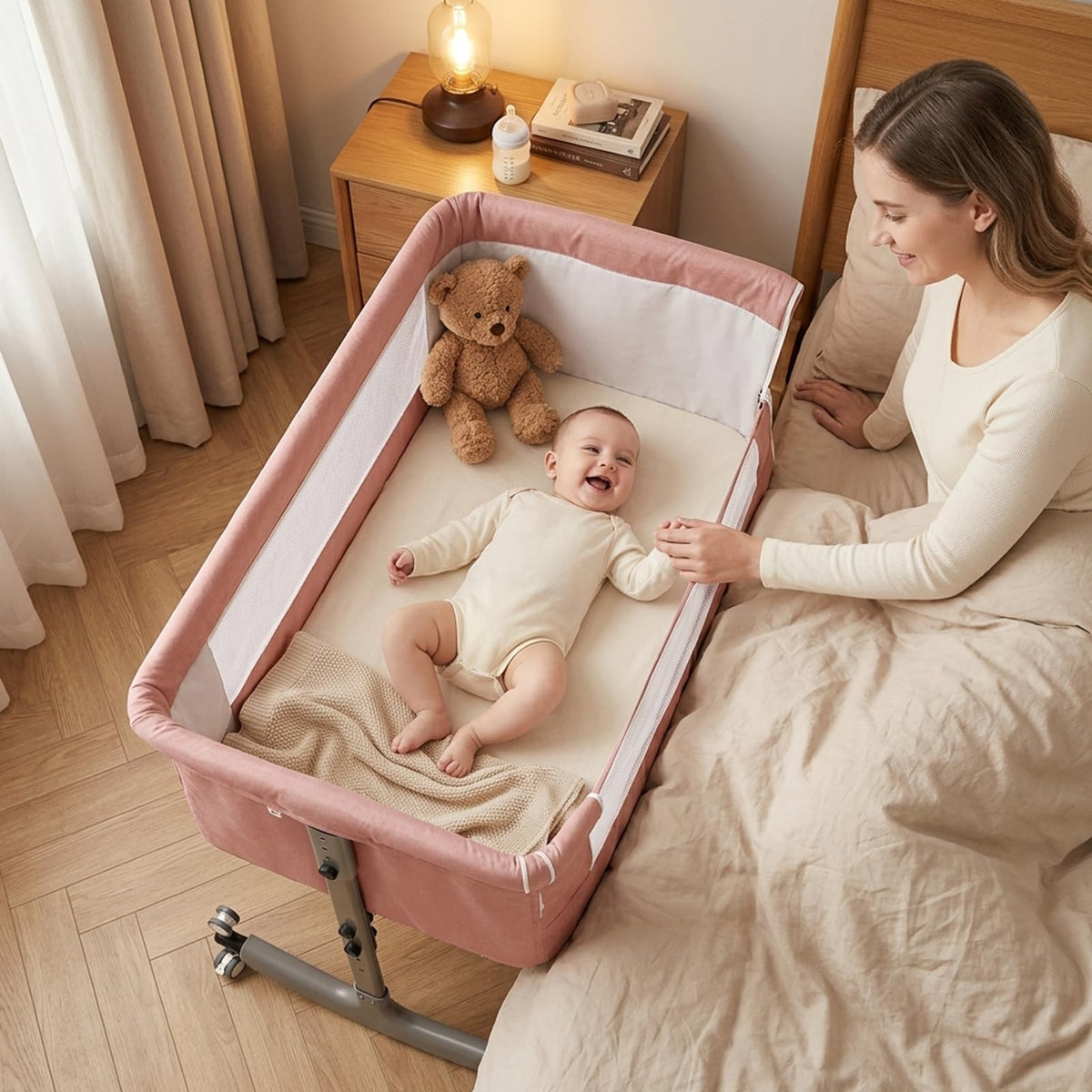 3 in 1 Baby Bassinet Bedside Sleeper, Adjustable Portable Crib with Wheels