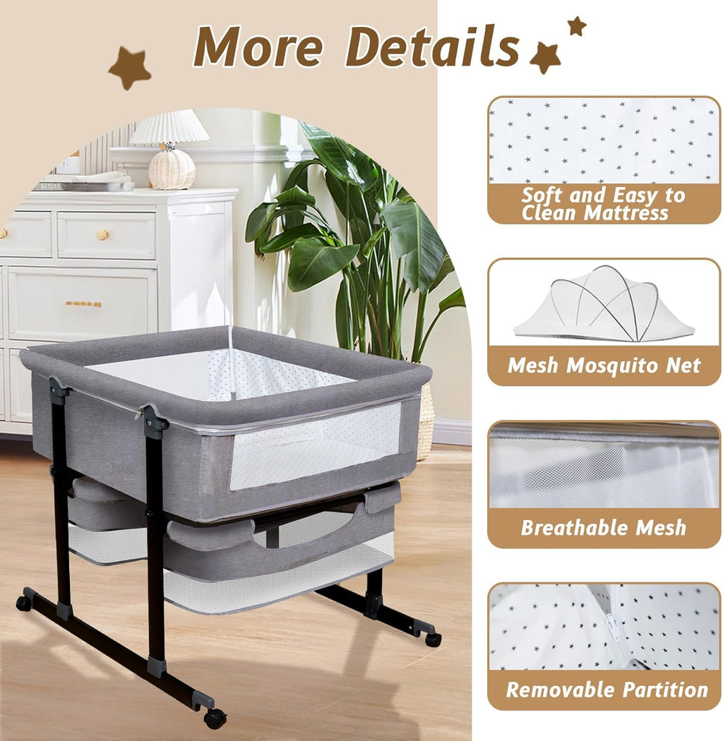 Twin Bassinet for 2 Babies with Music Toys for Newborns, Grey