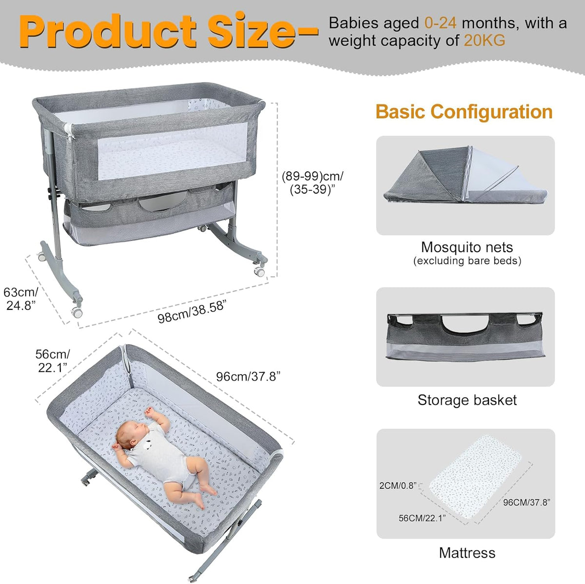 3 in 1 Baby Bassinet Bedside Sleeper, Adjustable Portable Crib with Wheels