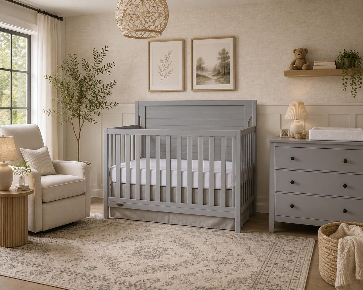 Dream On Me Cape Cod 5-In-1 Convertible Crib In Pebble Grey, Greenguard Gold And JPMA Certified, Built Of Sustainable New Zealand Pinewood, 3 Mattress Height Positions