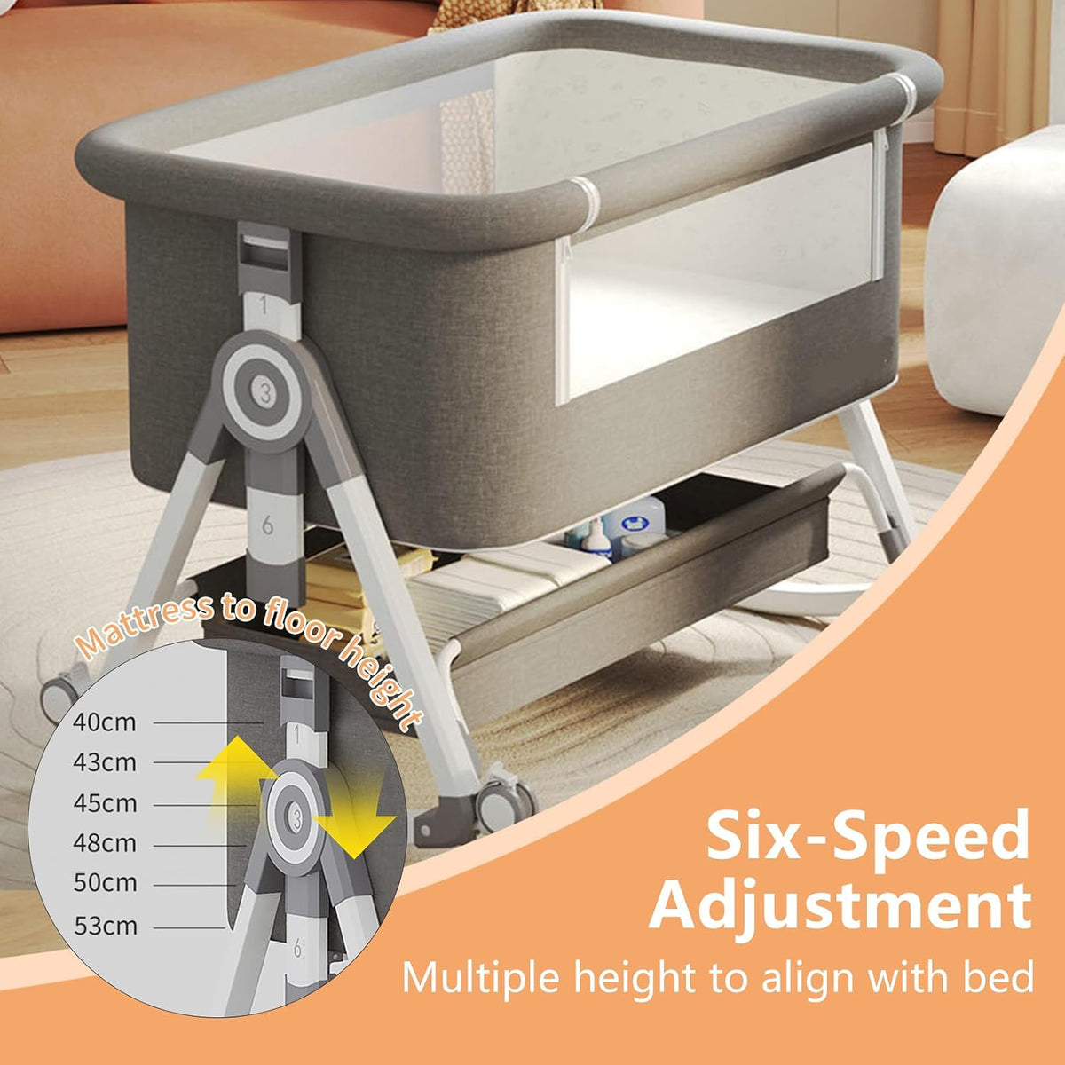4 in 1 Baby Bassinet Bedside Sleeper, Rocking Bassinets with Wheels and Comfy Mattress, 6 Height Adjustable Easy Folding Portable Bedside Crib for Newborn Infant
