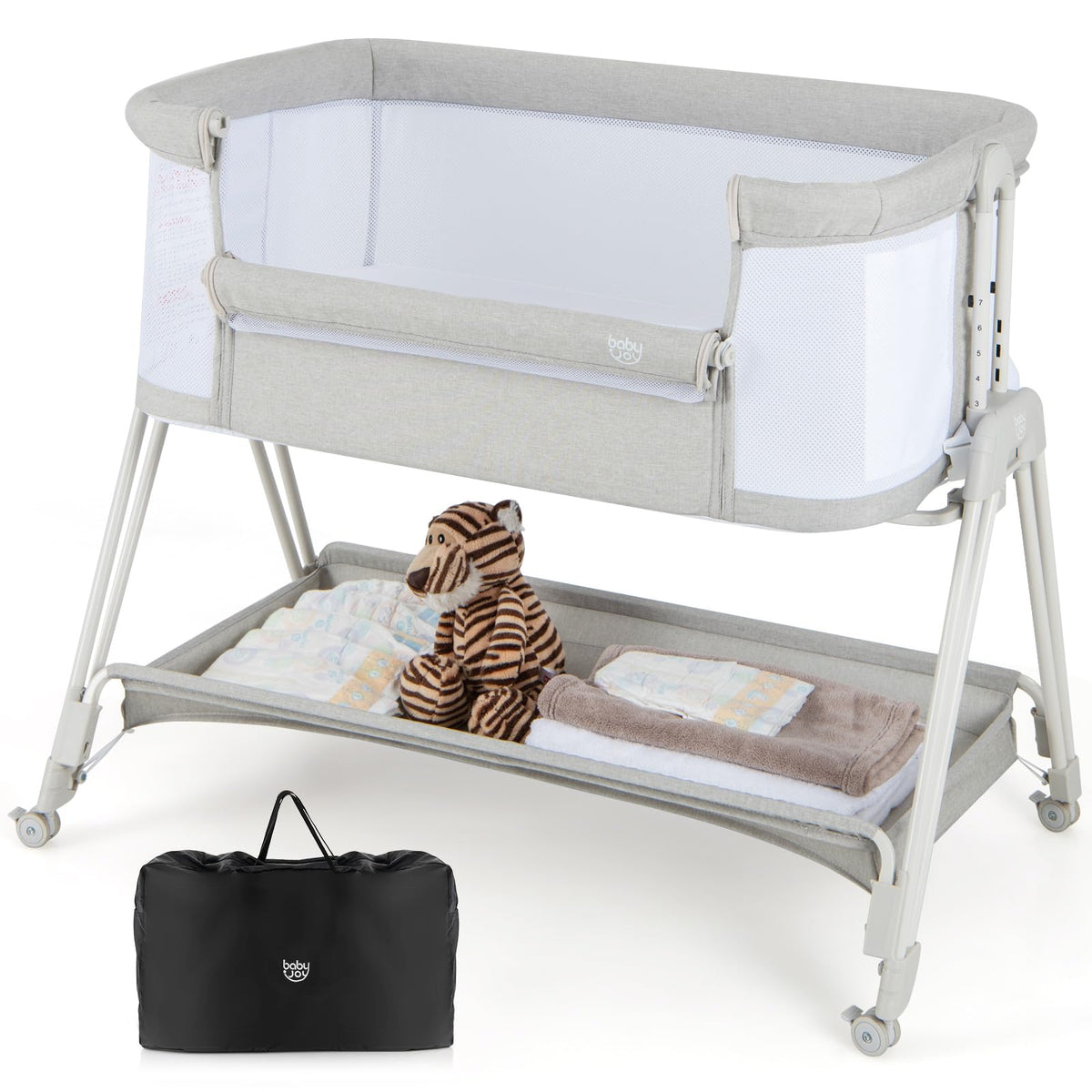 BABY JOY Bassinet, 3 in 1 Rocking Bedside Bassinet w/Storage Basket, Universal Wheels, Adjustable Height, Mattress, Net & Portable Bag, Carriable Crib Baby Bassinets Bedside Sleeper (Pink)
