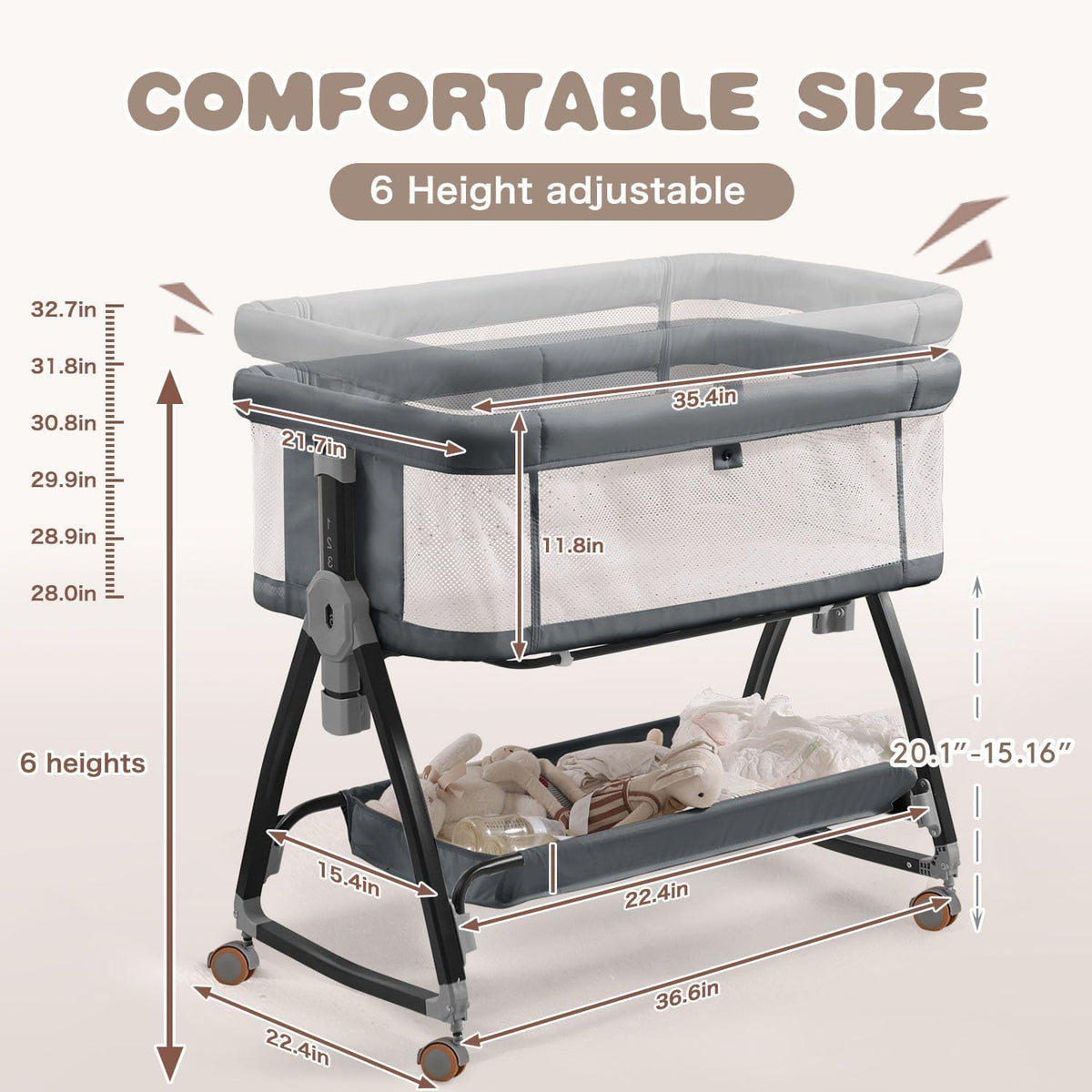 Baby Bassinets Bedside Sleeper with Wheels and Mattress, Cosleeping Baby Bed with Storage, Co-Sleeper Bassinet Attach to Bed, Bed Side Crib with Breathable Mesh, Height Adjustable(Gray)