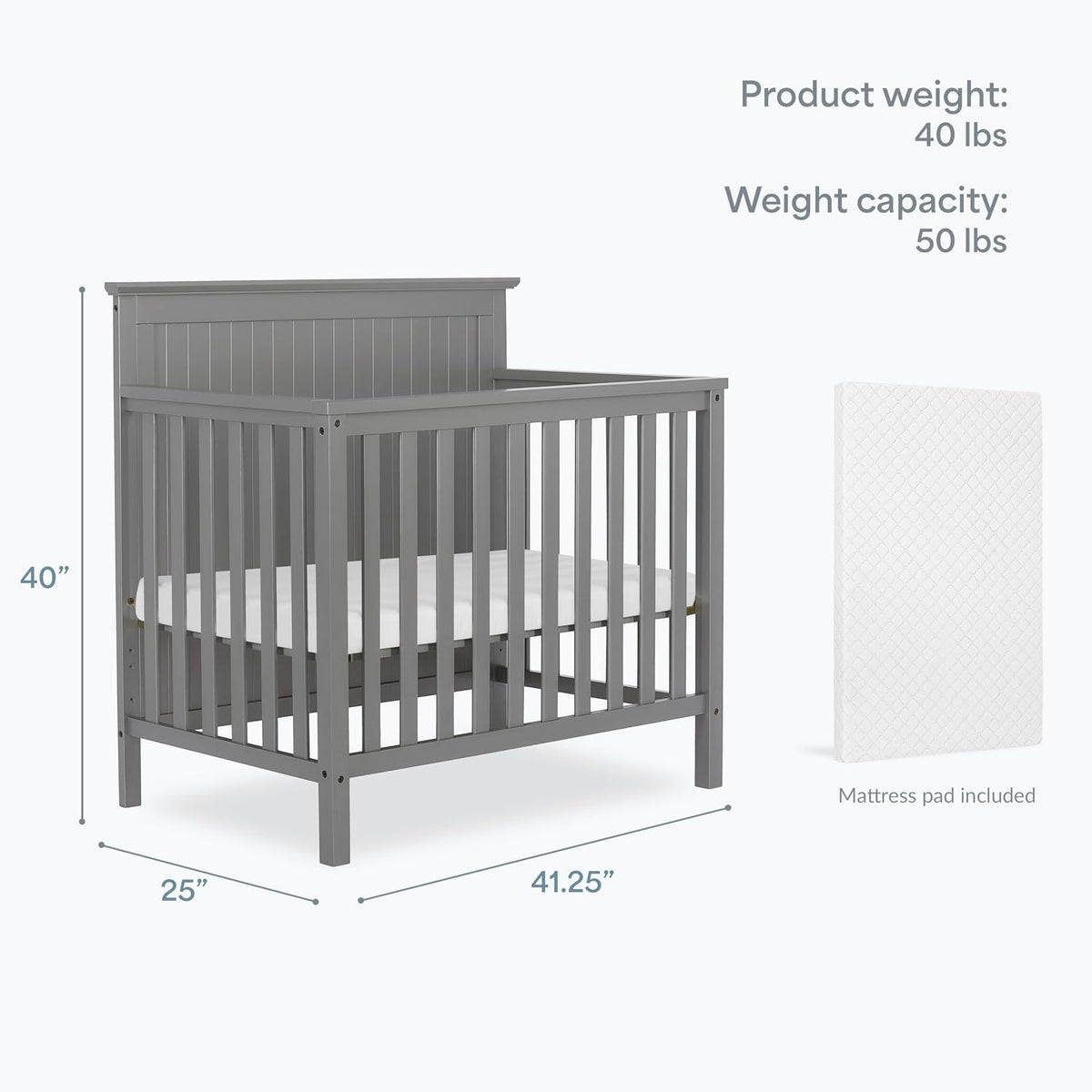 Dream On Me Ava 4-in-1 Mini Baby Crib with Daybed & Twin Bed Conversion in Steel Grey, GreenGuard Gold & BSA, Non-Toxic Finish, 3-Position Adjustable Height, Includes 1″ Mattress Pad