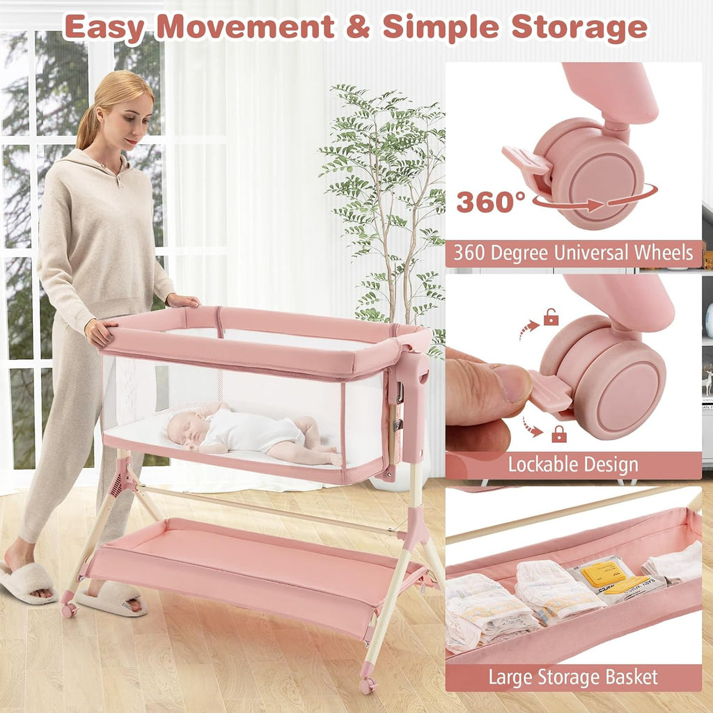 BABY JOY Bassinet, 3 in 1 Rocking Bedside Bassinet w/Storage Basket, Universal Wheels, Adjustable Height, Mattress, Net & Portable Bag, Carriable Crib Baby Bassinets Bedside Sleeper (Pink)