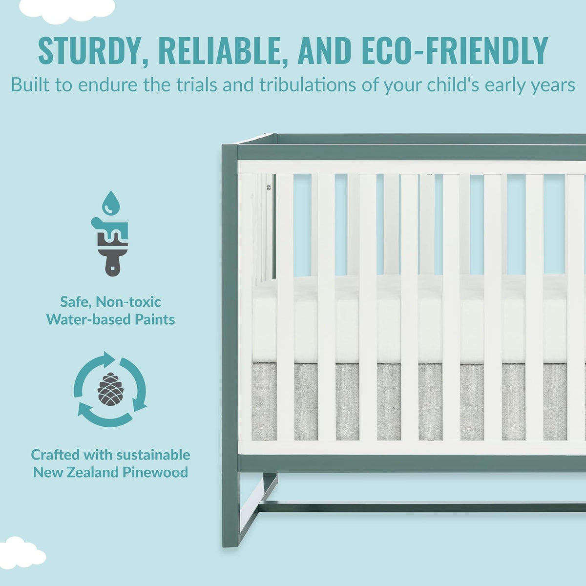 Dream On Me Arlo 5-in-1 Convertible Full-Size Baby Crib in Jungle Green, GreenGuard Gold & BSA, Converts to Toddler, Day & Full-Size Bed, 3 Mattress Heights, Non-Toxic Finish, Sustainable Pinewood