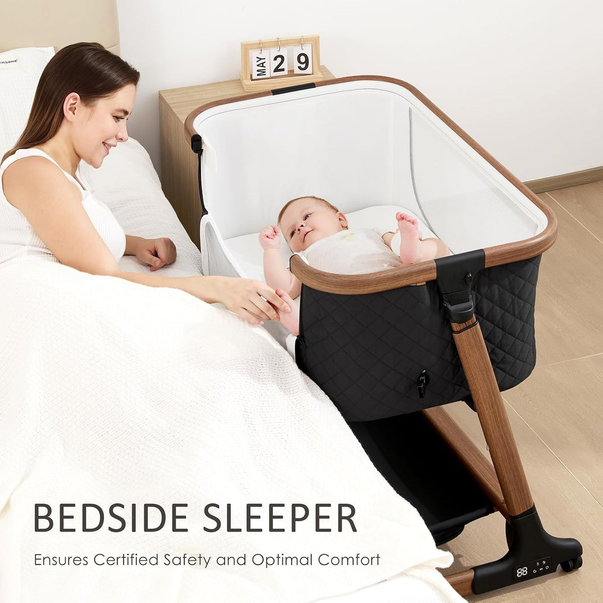 ANGELBLISS Electric Baby Bassinet, Auto Rocking Bedside Sleeper, 6 Heights with Mattress, Washable Sheet, Remote Control, 5 Speeds, 3 Timers, 12 Sounds, Wheels & Storage, Black