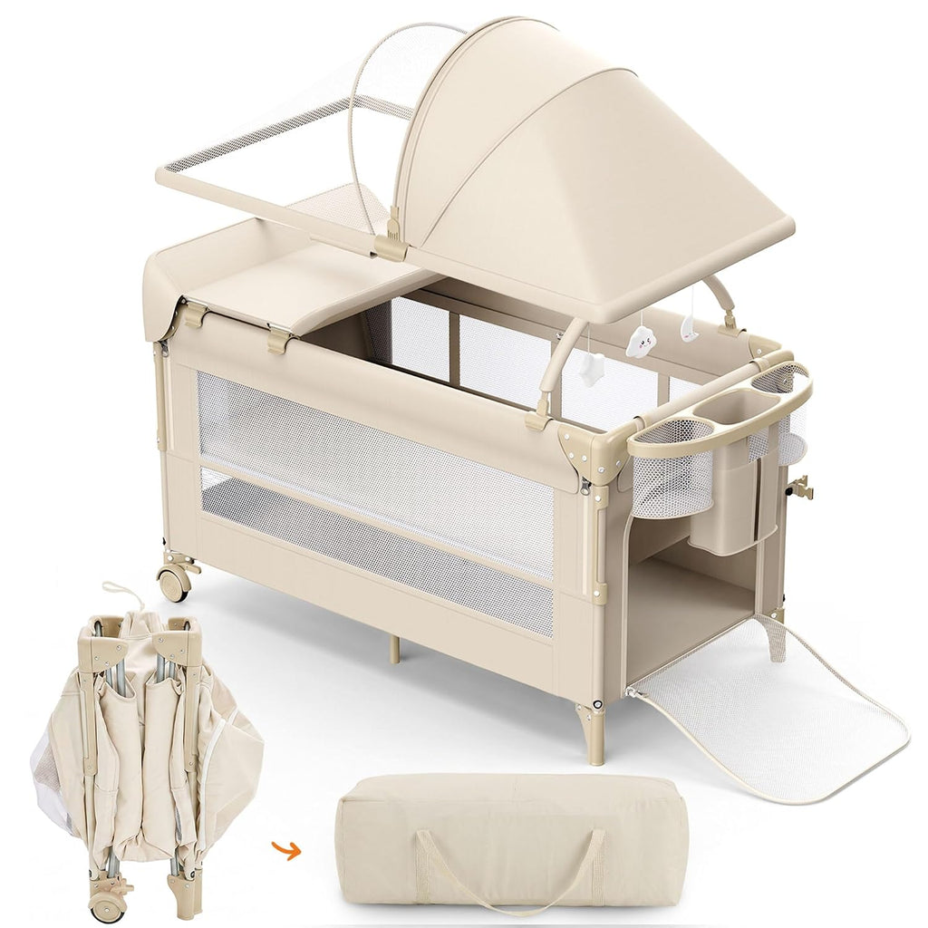 4 in 1 Foldable Pack and Play with Bassinet and Changing Table, Bedside Crib Sleeper with Mattress, Mosquito Net and Toy Bar for Newborn to Toddler, Beige