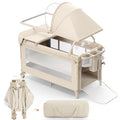 4 in 1 Foldable Pack and Play with Bassinet and Changing Table, Bedside Crib Sleeper with Mattress, Mosquito Net and Toy Bar for Newborn to Toddler, Beige