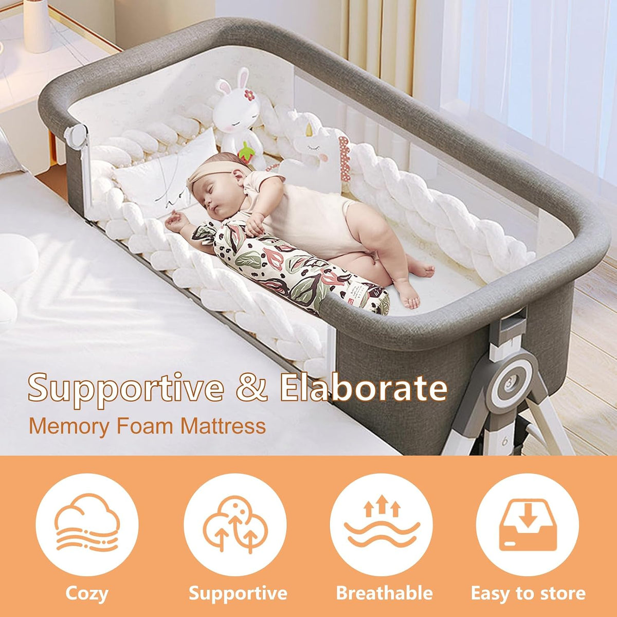 4 in 1 Baby Bassinet Bedside Sleeper, Rocking Bassinets with Wheels and Comfy Mattress, 6 Height Adjustable Easy Folding Portable Bedside Crib for Newborn Infant