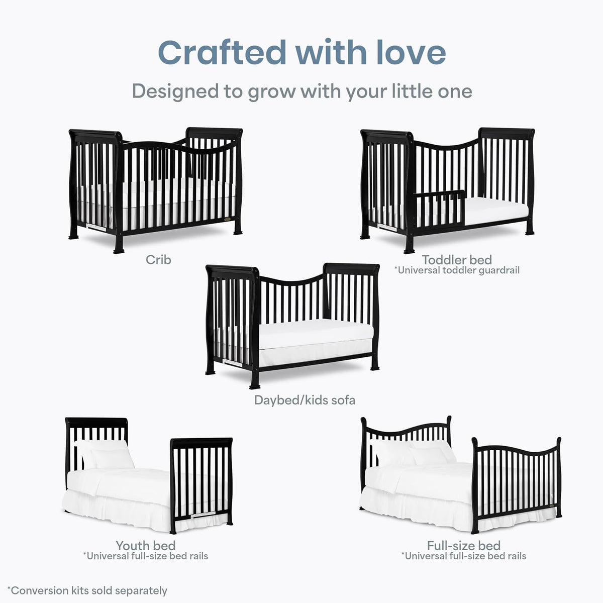Dream On Me Violet 7-in-1 Crib to Full Size Bed, GREENGUARD Gold, Black