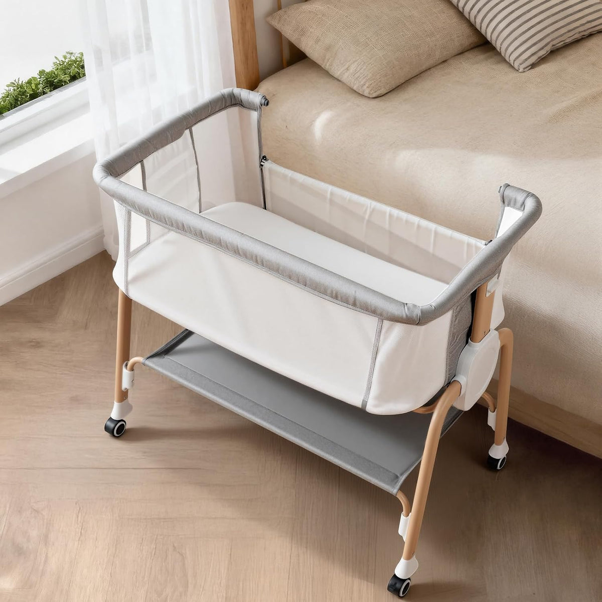 Bassinet Bedside Sleeper, Bedside Bassinet for Newborn, Baby Bassinet with 5 Adjustable Height, Rocking Bassinet with Wheels, Breathable Mesh & Mattress, Easy Folding Portable Bedside Crib(Gray)