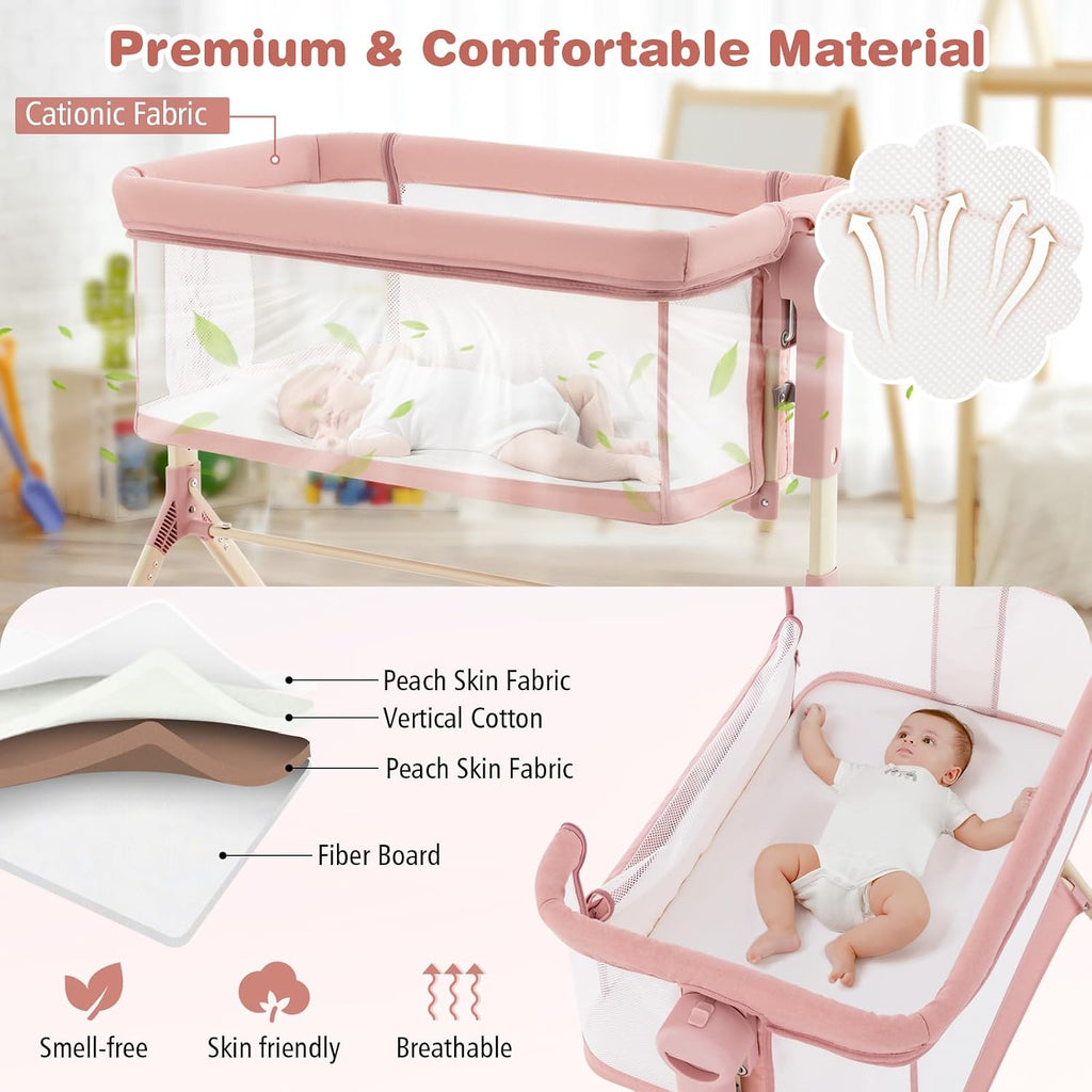 BABY JOY Bassinet, 3 in 1 Rocking Bedside Bassinet w/Storage Basket, Universal Wheels, Adjustable Height, Mattress, Net & Portable Bag, Carriable Crib Baby Bassinets Bedside Sleeper (Pink)