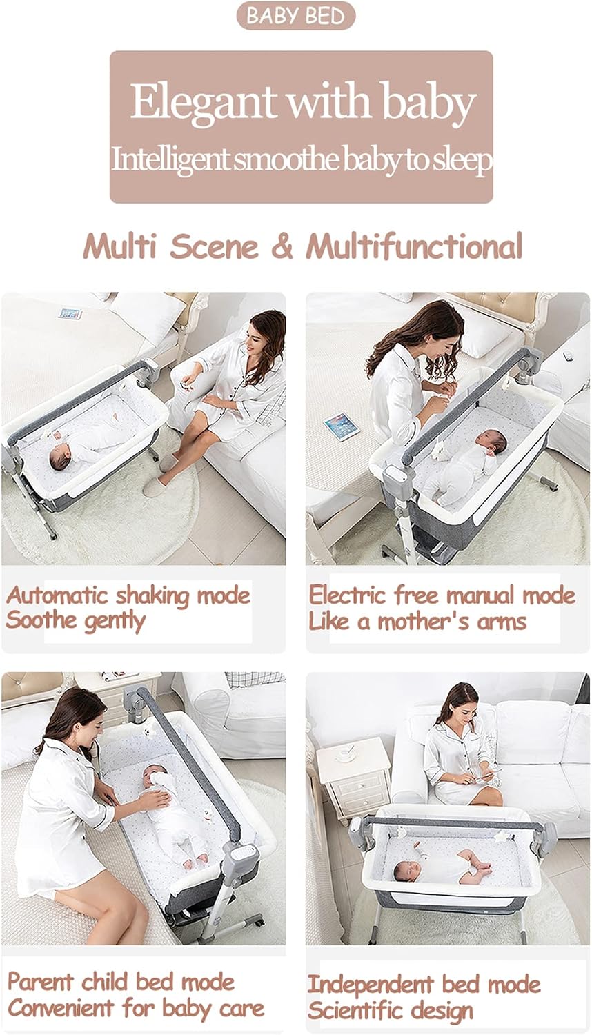 Electric Bluetooth Smart Baby Bedside Crib, Bassinet for Co-Sleeping, Infant Bedside Sleeper Cot, Convertible Foldable Baby Crib with Remote Control, Music and 5 Swaying Gears (601 Pink)