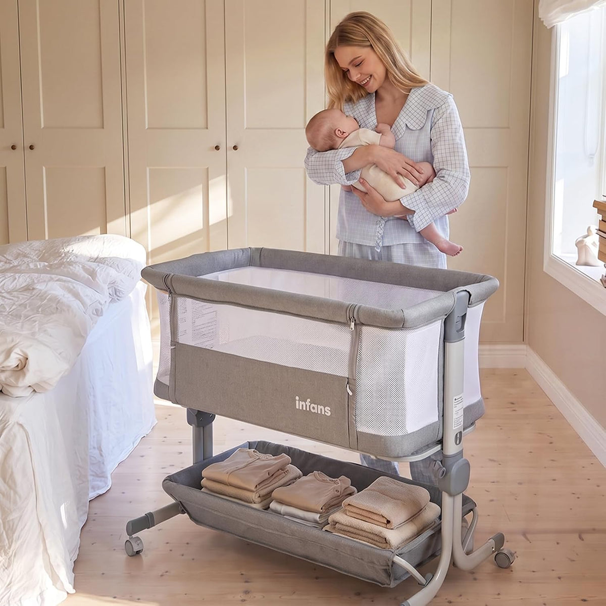 INFANS 3 in 1 Baby Bassinet Bedside Sleeper, Breathable & Easy Assemble