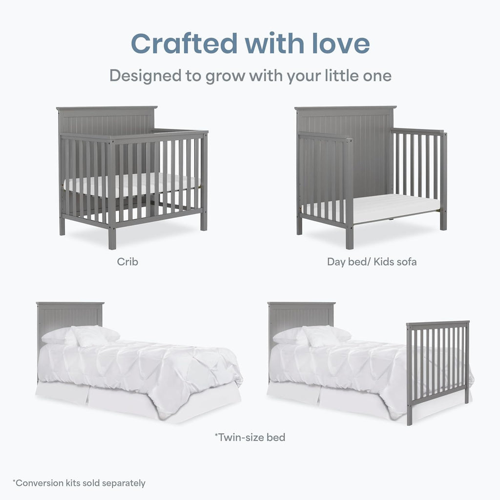 Dream On Me Ava 4-in-1 Mini Baby Crib with Daybed & Twin Bed Conversion in Steel Grey, GreenGuard Gold & BSA, Non-Toxic Finish, 3-Position Adjustable Height, Includes 1″ Mattress Pad