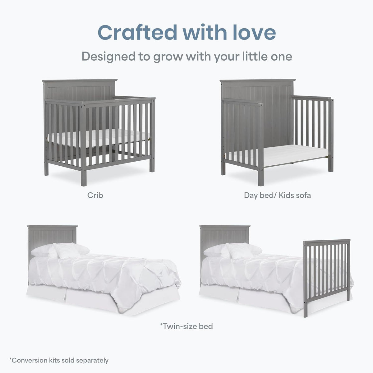 Dream On Me Ava 4-in-1 Mini Baby Crib with Daybed & Twin Bed Conversion in Steel Grey, GreenGuard Gold & BSA, Non-Toxic Finish, 3-Position Adjustable Height, Includes 1″ Mattress Pad