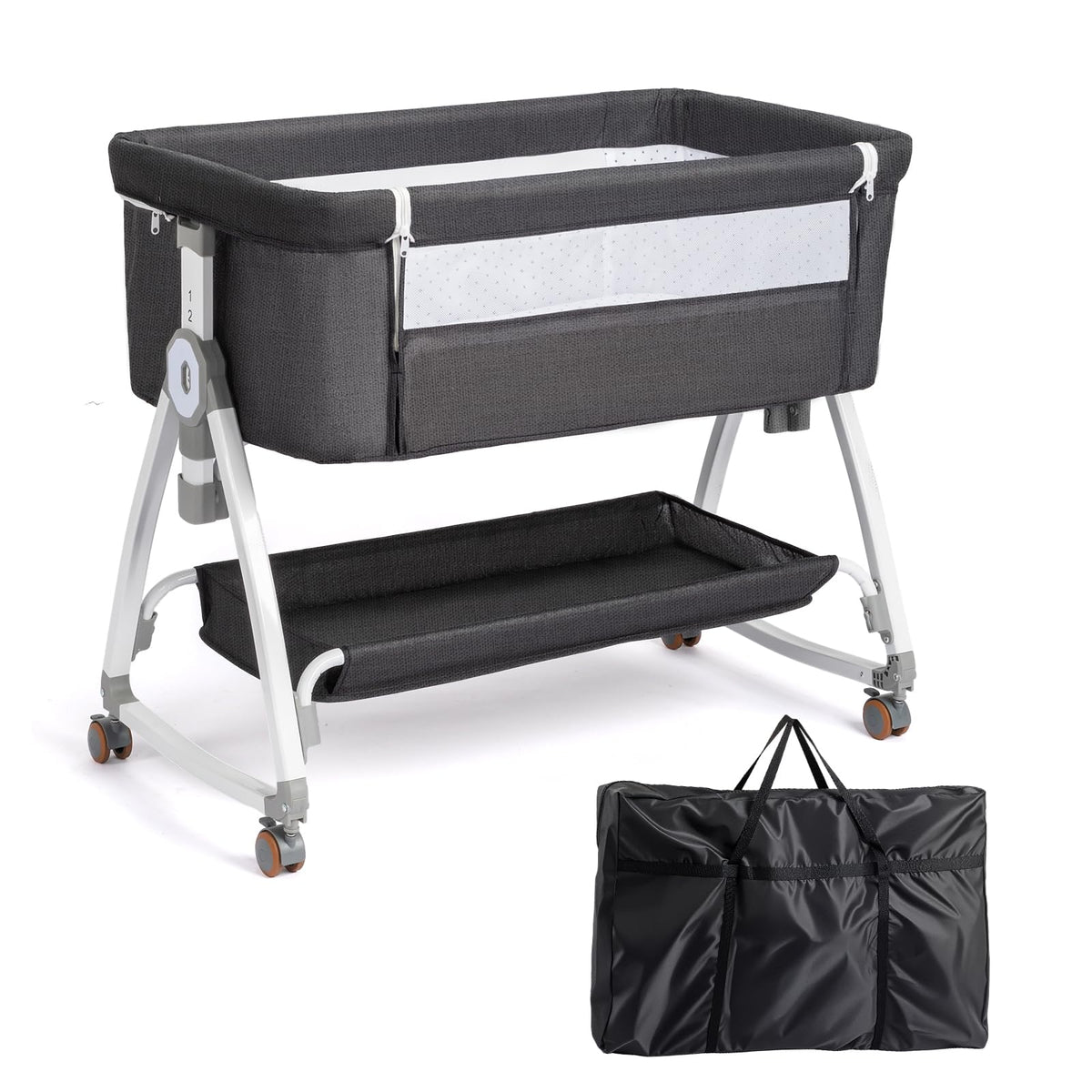 JOYMOR 3 in 1 Baby Bassinet, Bedside Bassinet for Baby, with Comfy Mattress and Wheels, 6 Height Adjustable Easy Folding Portable Bedside Crib for Newborn (Gray)