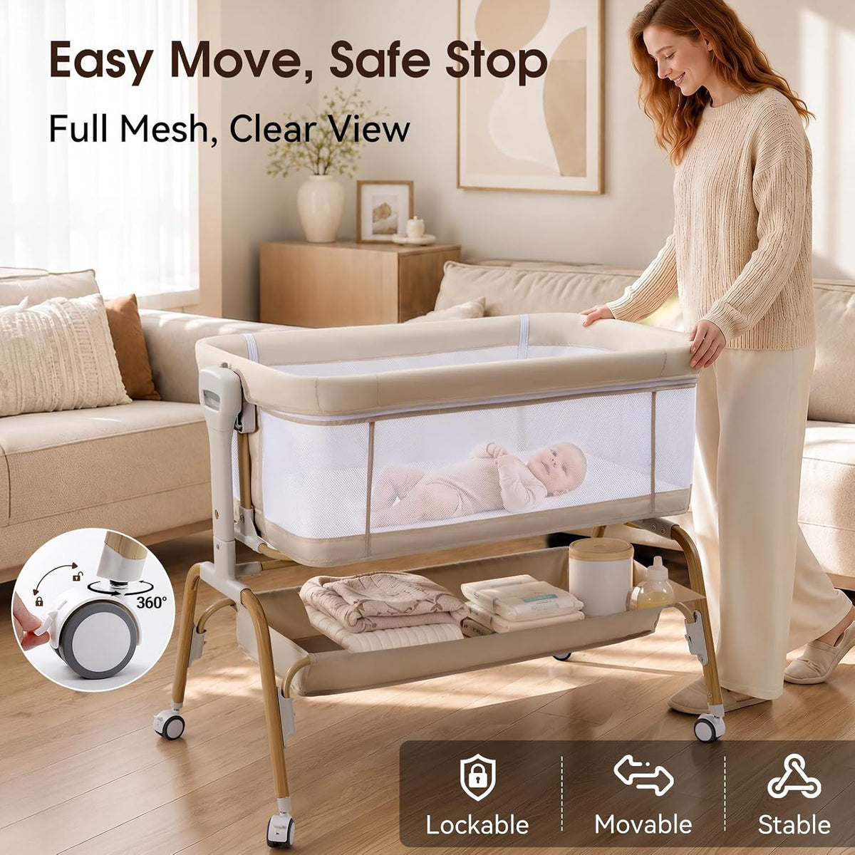 4 in 1 Baby Bassinet, Rocking Bassinet, Bedside Bassinet for Baby, Beige