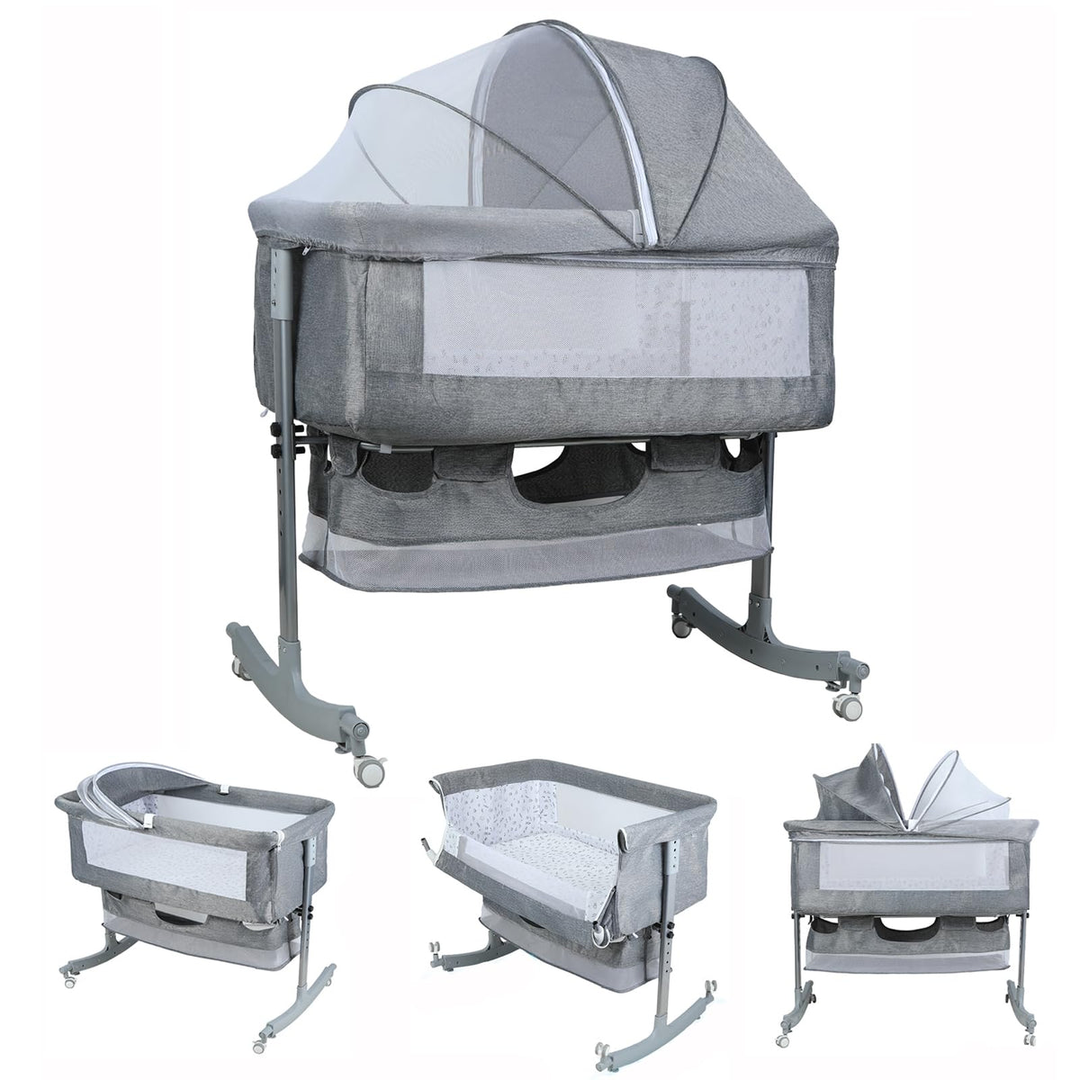 Bedside Bassinet Baby Crib, 3-in-1 Bedside Crib, 6 Levels Height Adjustable Baby Crib with Basket & Mosquito Net, Wheels, Portable Newborn Infant Cradle Bassinet Pink