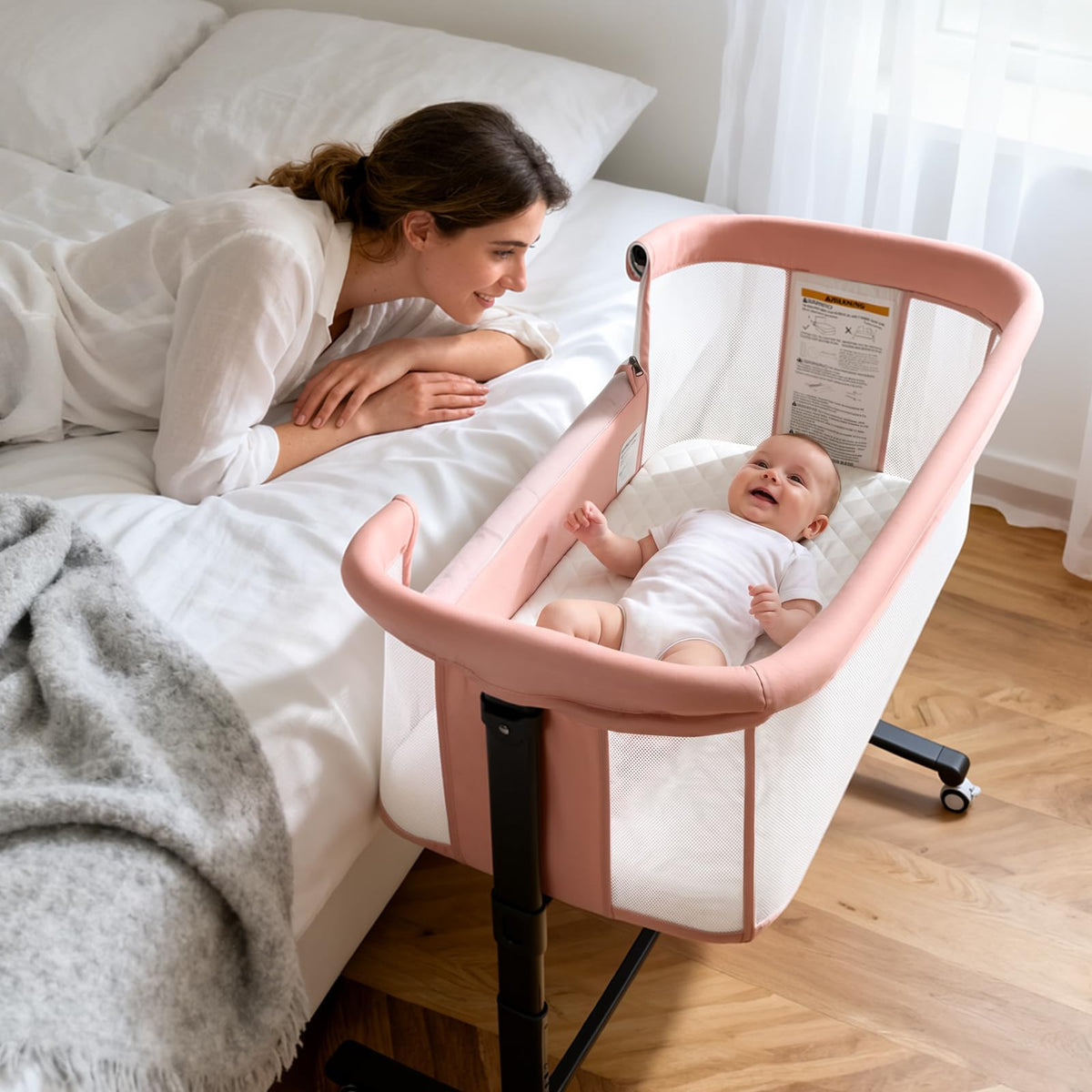 Kinder King Baby Bassinet Bedside Sleeper, Adjustable Heights, Grey