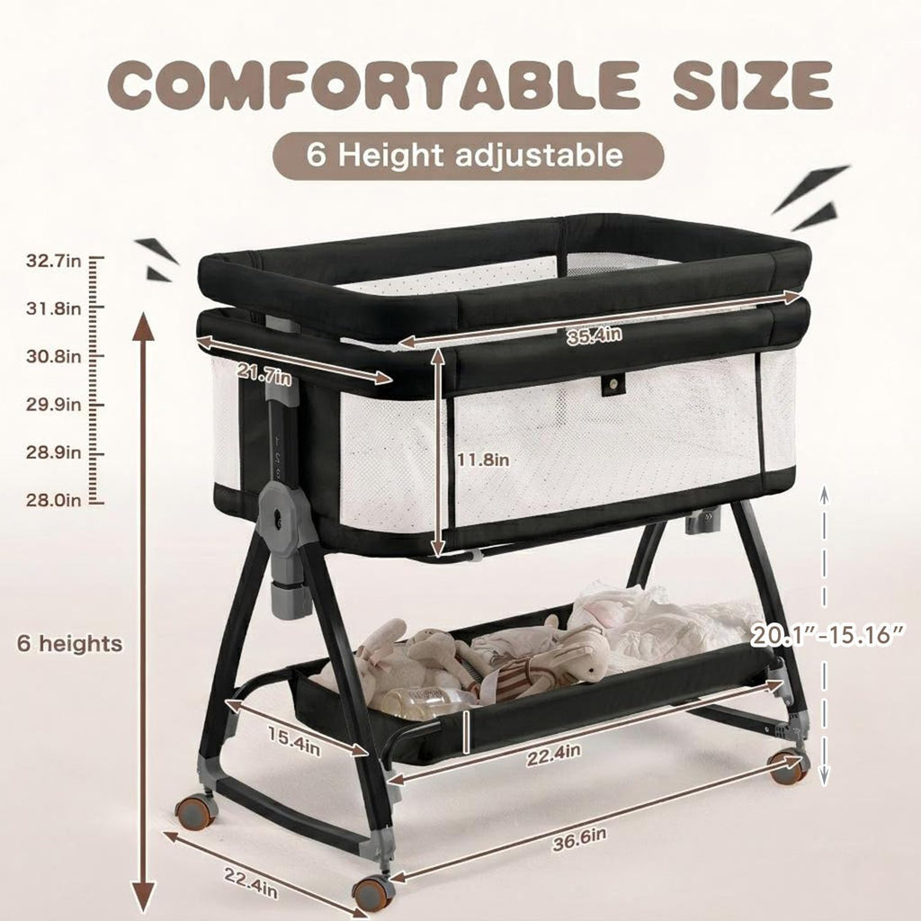 Baby Bassinets Bedside Sleeper with Wheels and Mattress, Cosleeping Baby Bed with Storage, Co-Sleeper Bassinet Attach to Bed, Bed Side Crib with Breathable Mesh, Height Adjustable (Black)