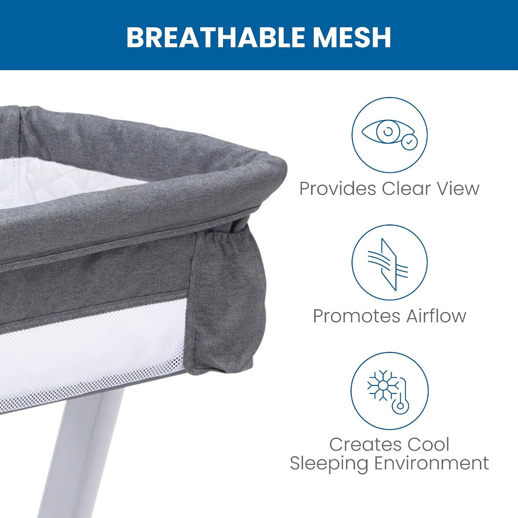 Simmons Kids By The Bed City Sleeper Bassinet - Adjustable Height Portable Crib with Wheels & Airflow Mesh, Grey Tweed