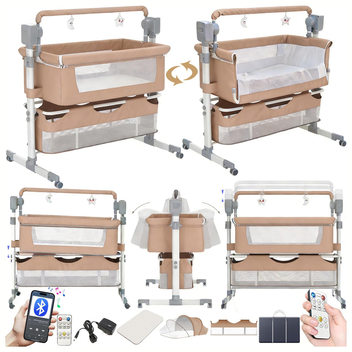Electric Bluetooth Smart Baby Bedside Crib, Bassinet for Co-Sleeping, Infant Bedside Sleeper Cot, Convertible Foldable Baby Crib with Remote Control, Music and 5 Swaying Gears (601 Pink)