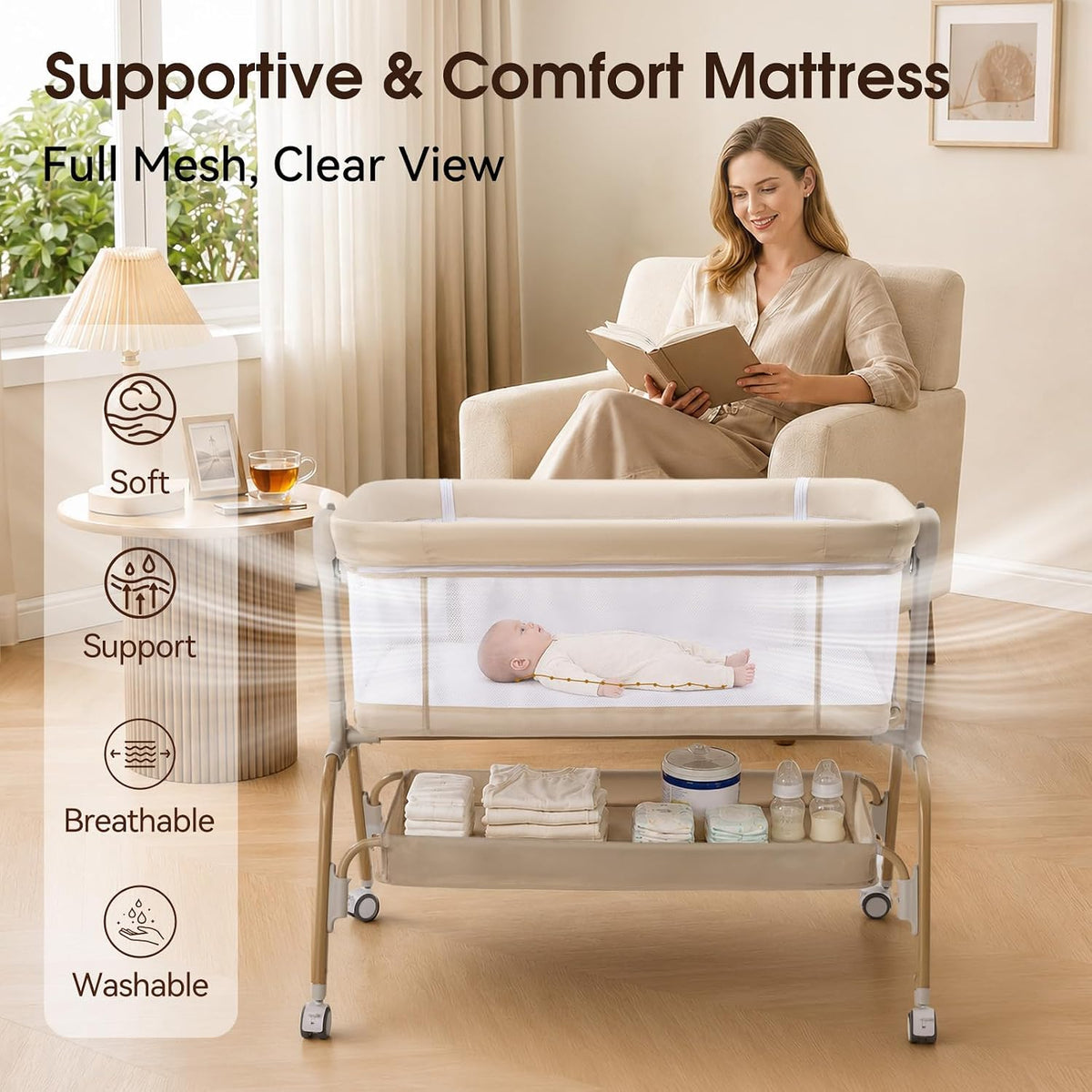 4 in 1 Baby Bassinet, Rocking Bassinet, Bedside Bassinet for Baby, Beige