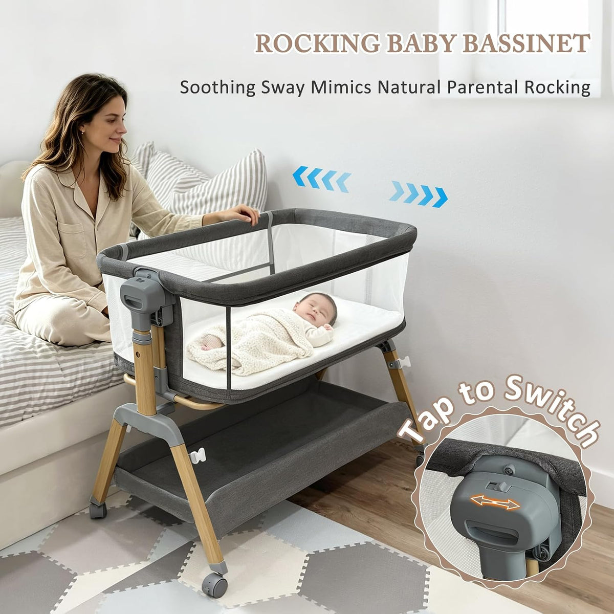 3 in 1 Baby Bassinet, Bedside Sleeper for Newborn, 7-Level Height Adjustable, Rocking Bassinet with Breathable Mesh, Lockable Wheels & Large Storage Space, Portable Baby Crib（Dark Gray）