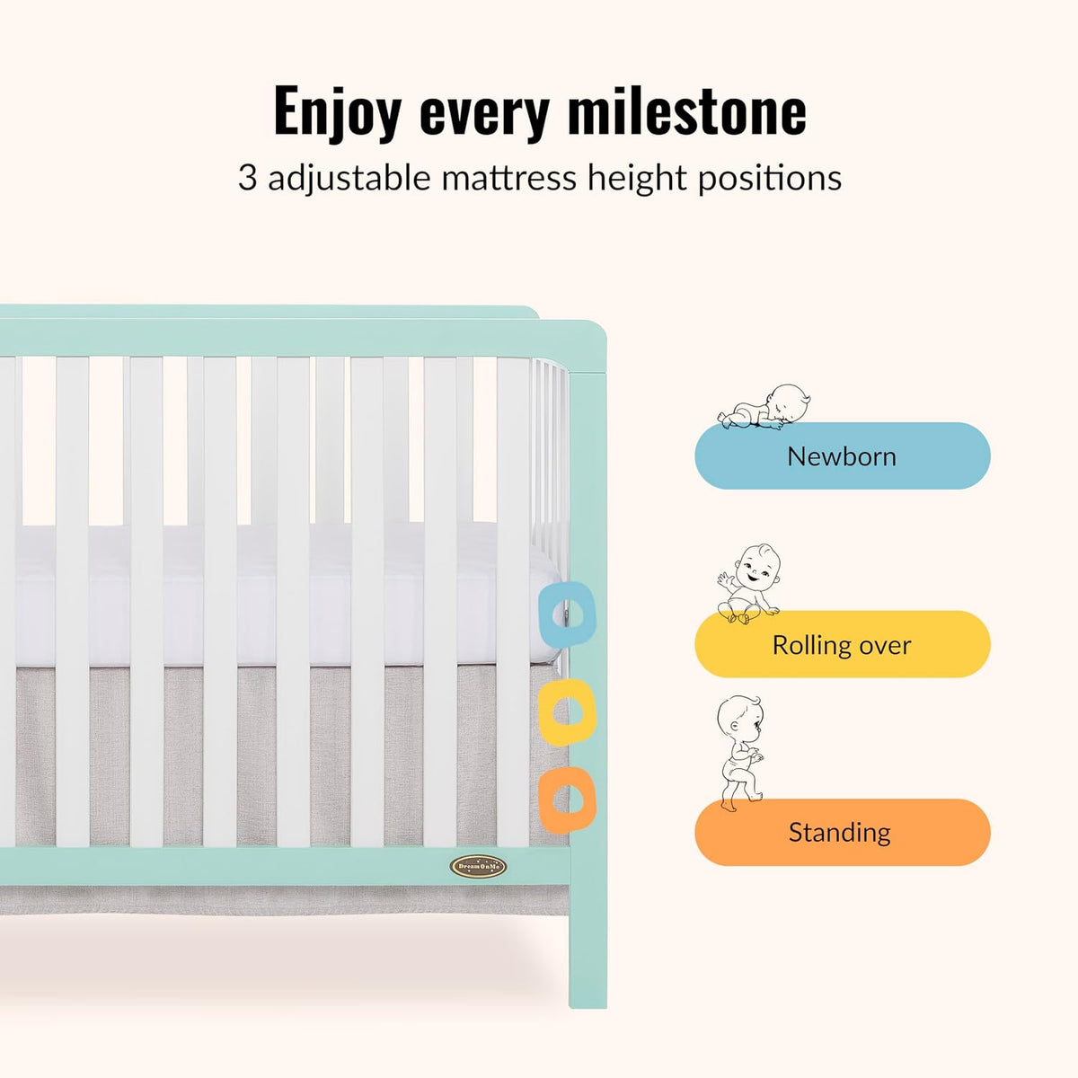 Dream On Me Ridgefield 5-in-1 Convertible Full-Size Baby Crib in Mint & White, GreenGuard Gold & JPMA, 4 Mattress Heights, Converts to Toddler, Day & Full-Size Bed, Solid Wood Design