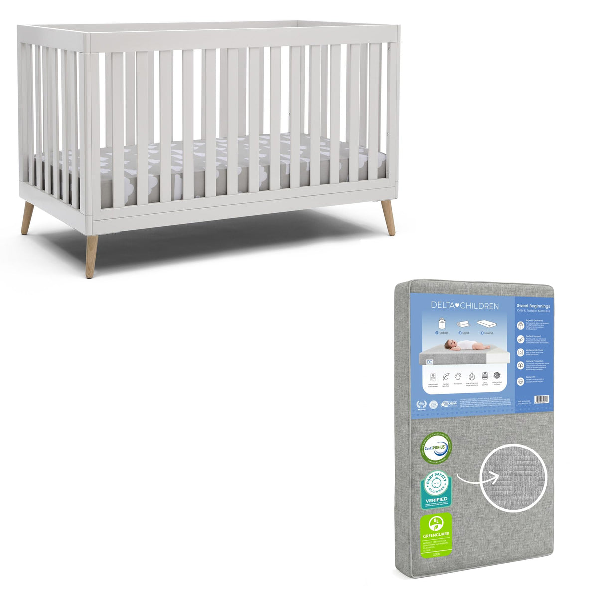 Delta Children Essex 4-in-1 Convertible Baby Crib, Bianca White with Natural Legs