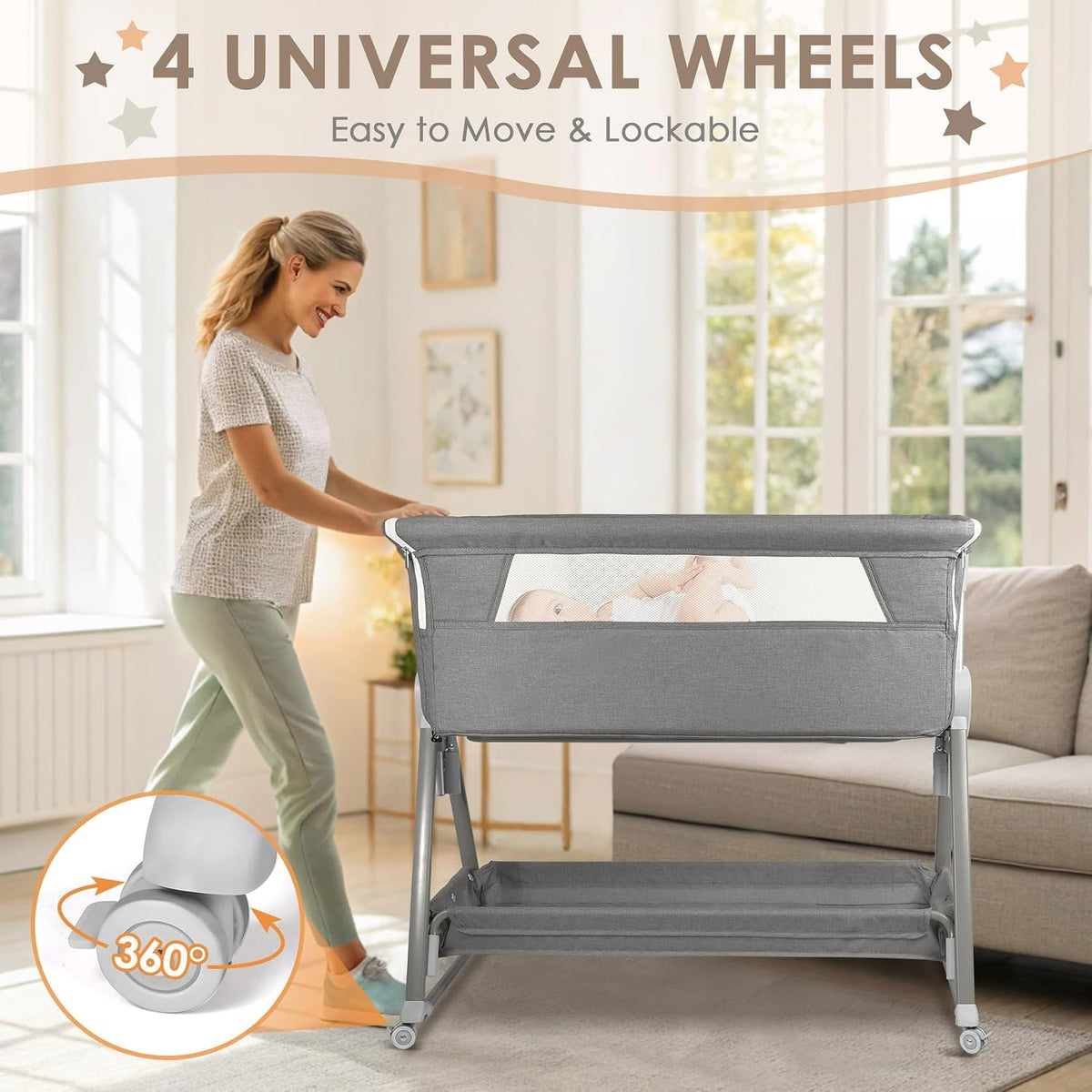 BIERUM Baby Bassinet for Baby - 7 Height Adjustable Bedside Bassinet with Lockable Wheels, Easy to Assemble Portable Bedside Crib with Large Storage Bag & Mattress for Newborn/Infant