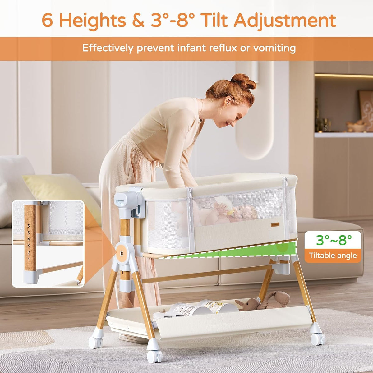 3 in 1 Baby Bassinet,Bedside/Rocking Bassinet for Baby,Bedside Crib with lockable Wheels,Waterproof Mattress,Adjustable 6 Heights,Portable Bassinets Bedside Sleeper for Newborn Infant-Beige