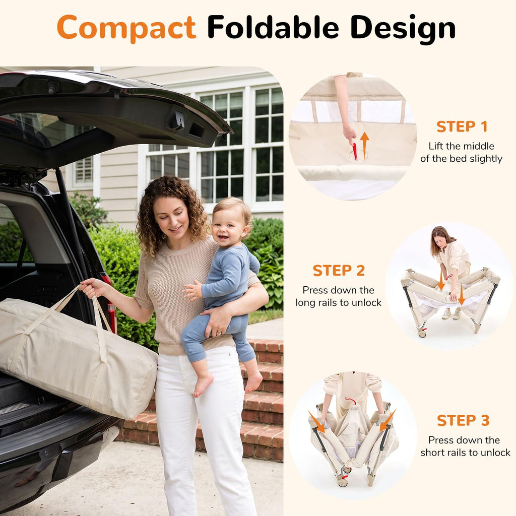 4 in 1 Foldable Pack and Play with Bassinet and Changing Table, Bedside Crib Sleeper with Mattress, Mosquito Net and Toy Bar for Newborn to Toddler, Beige