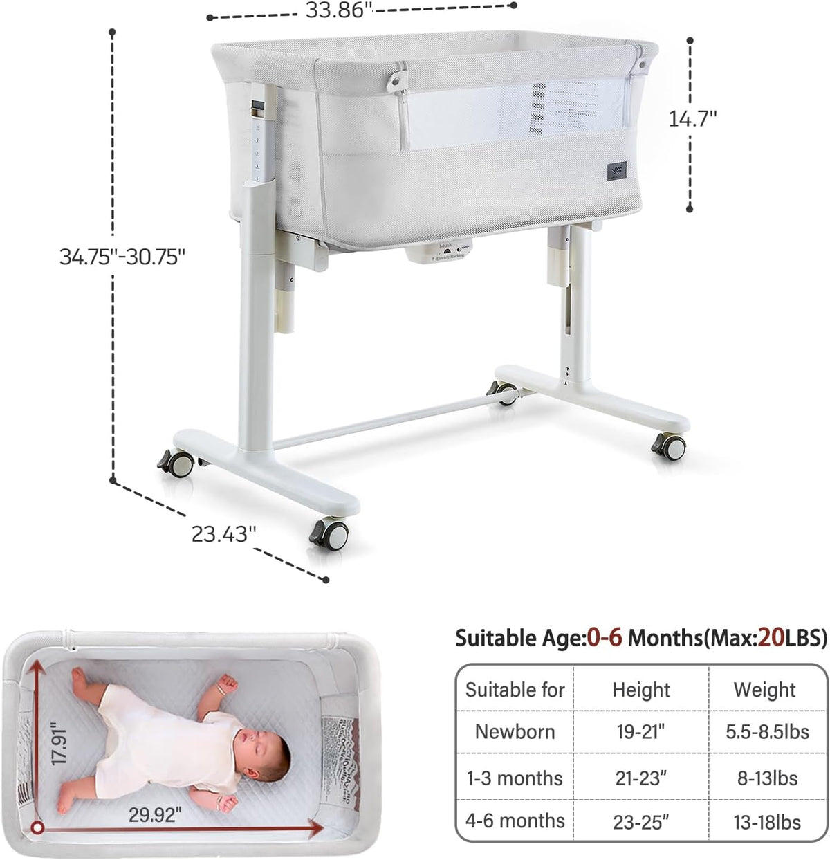 VaVaSoo Self Rocking Bassinet, Electric Rocking Bassinet for Baby, White
