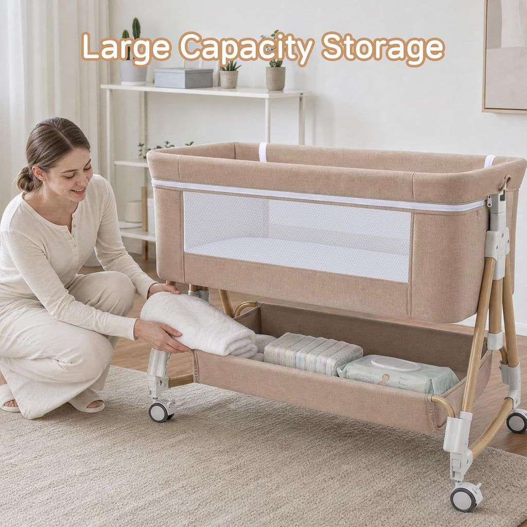 Baby Bassinet, 3 in 1 Bedside Bassinets for Baby, 6 Height Adjustable Bassinet Bedside Sleeper with Mattress, Breathable Mesh, Lockable Univesal Wheels, Storage Basket, Easy to Assemble（Khaki）