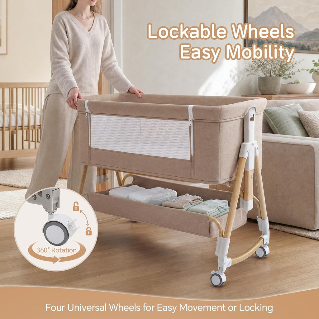 Baby Bassinet, 3 in 1 Bedside Bassinets for Baby, 6 Height Adjustable Bassinet Bedside Sleeper with Mattress, Breathable Mesh, Lockable Univesal Wheels, Storage Basket, Easy to Assemble（Khaki）