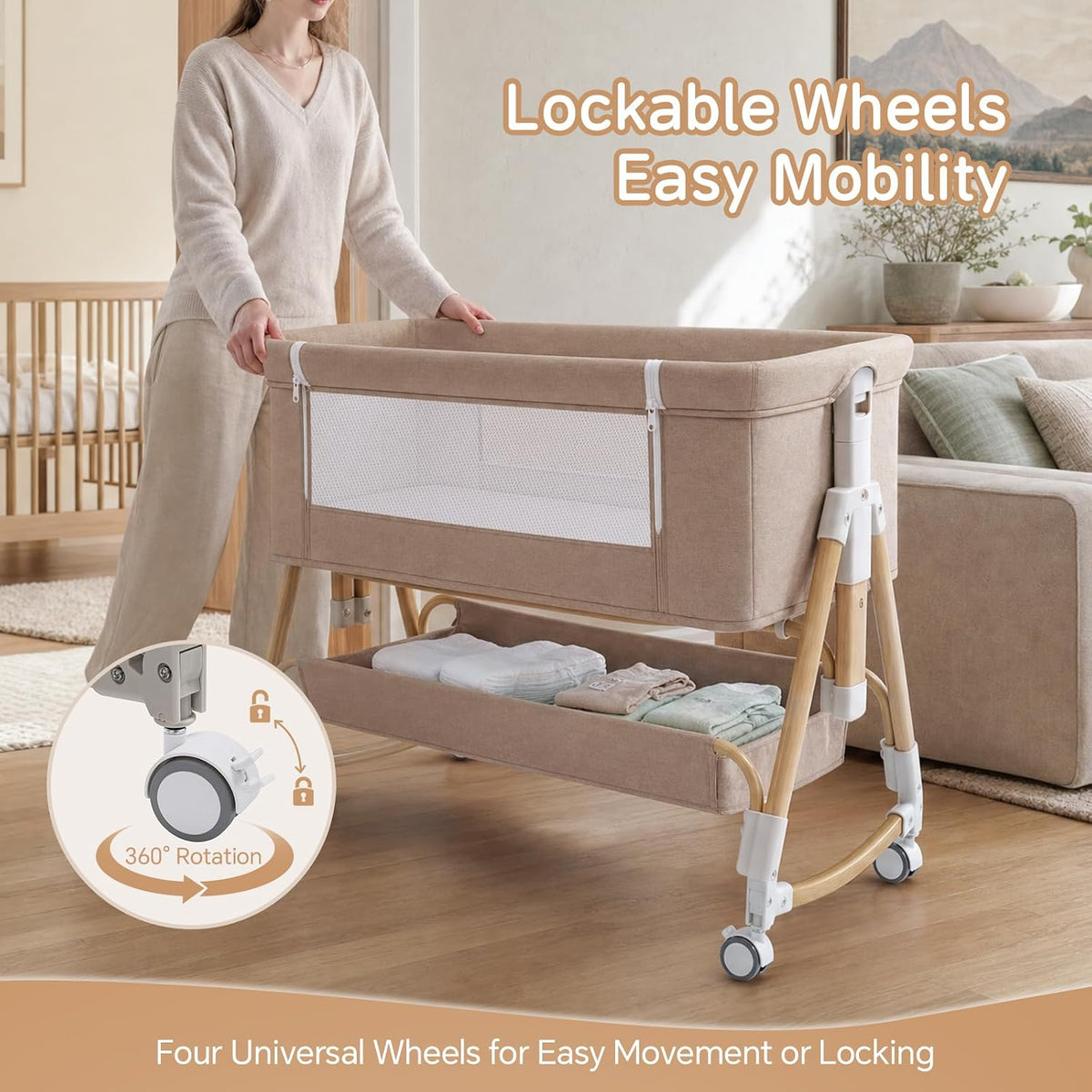 Baby Bassinet, 3 in 1 Bedside Bassinets for Baby, 6 Height Adjustable Bassinet Bedside Sleeper with Mattress, Breathable Mesh, Lockable Univesal Wheels, Storage Basket, Easy to Assemble（Khaki）