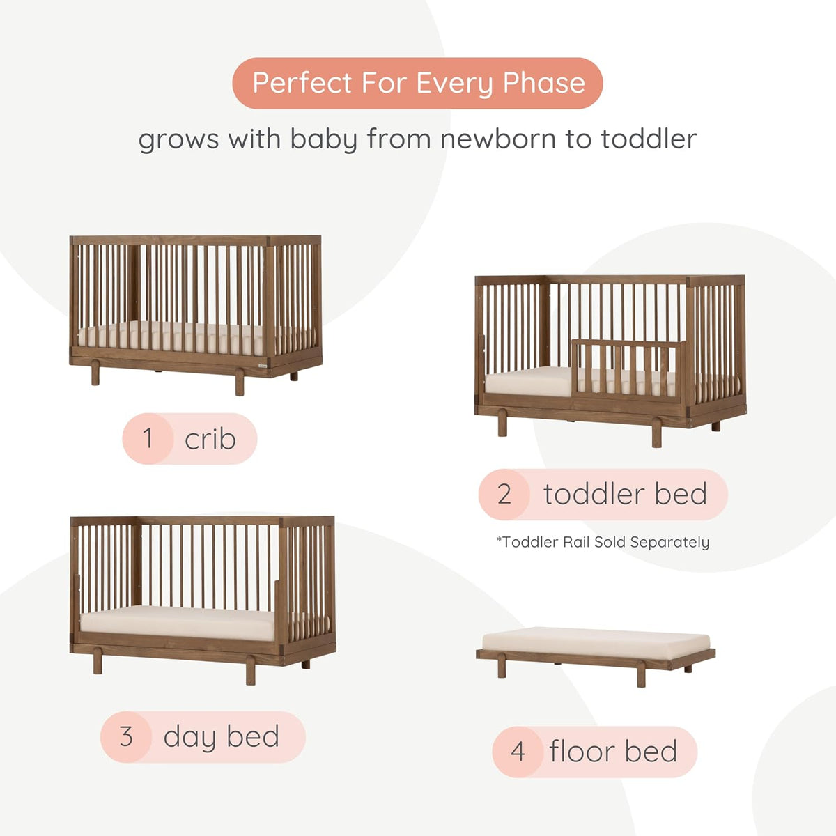 dadada Baby Bliss 4-in-1 Convertible Wood Crib Bed, Made in Italy, Walnut