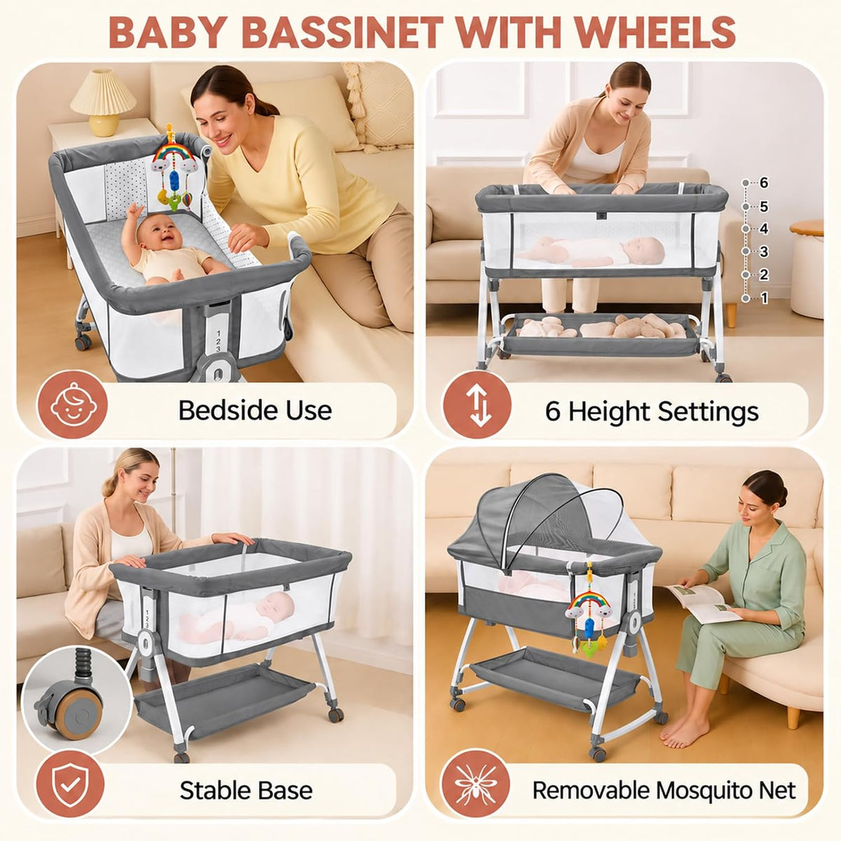4-in-1 Baby Bassinet with Wheels, 6 Height Settings, Gray