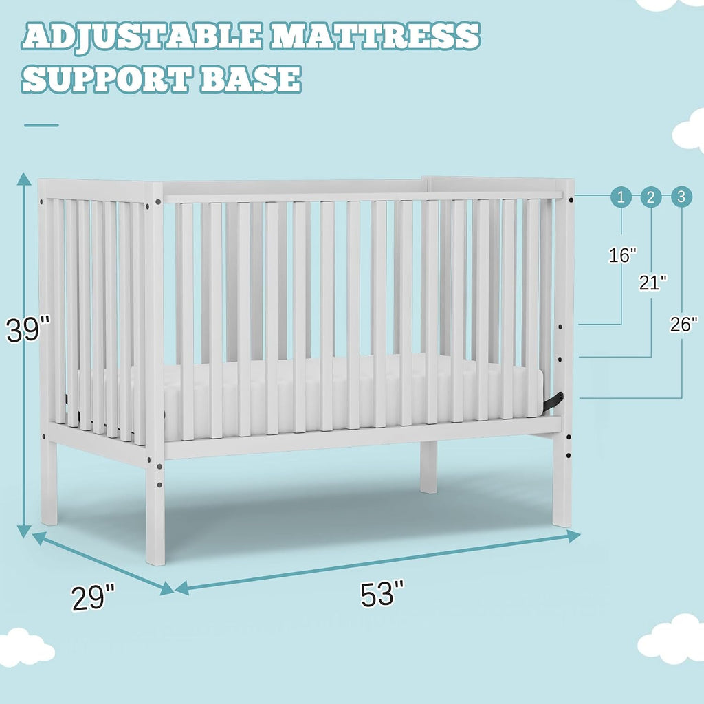 Baby Crib 5-in-1 Convertible, Wood Full Size Toddler Bed for Small Baby, Made of Sustainable Natural Pinewood Cribs, Non-Toxic Finish, Simplistic Nursery Furniture (White)