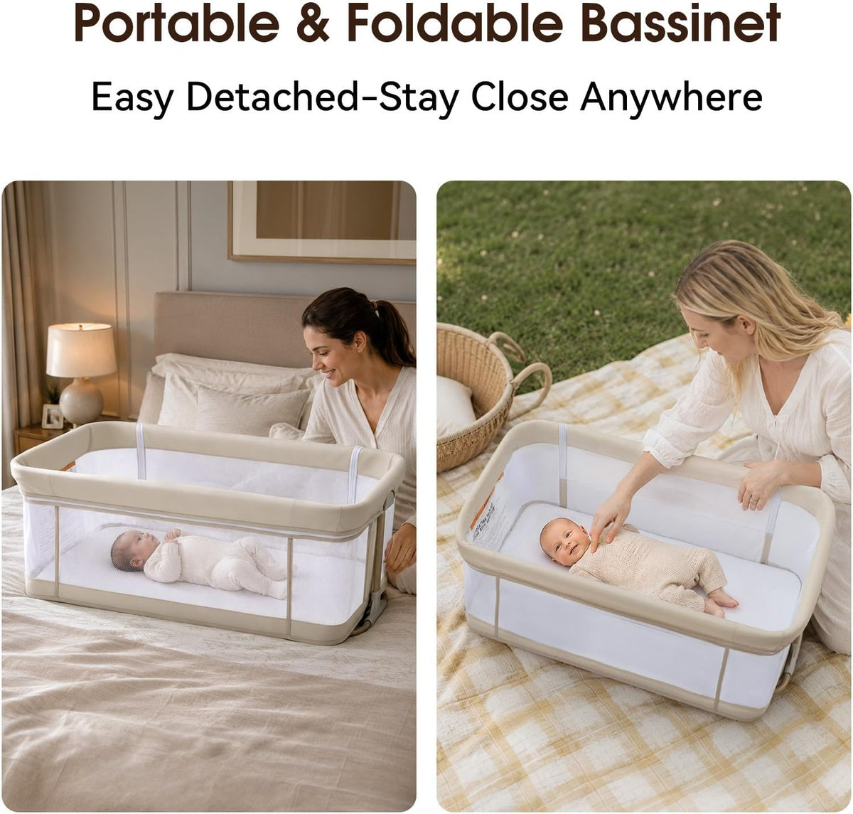 4 in 1 Baby Bassinet, Rocking Bassinet, Bedside Bassinet for Baby, Beige