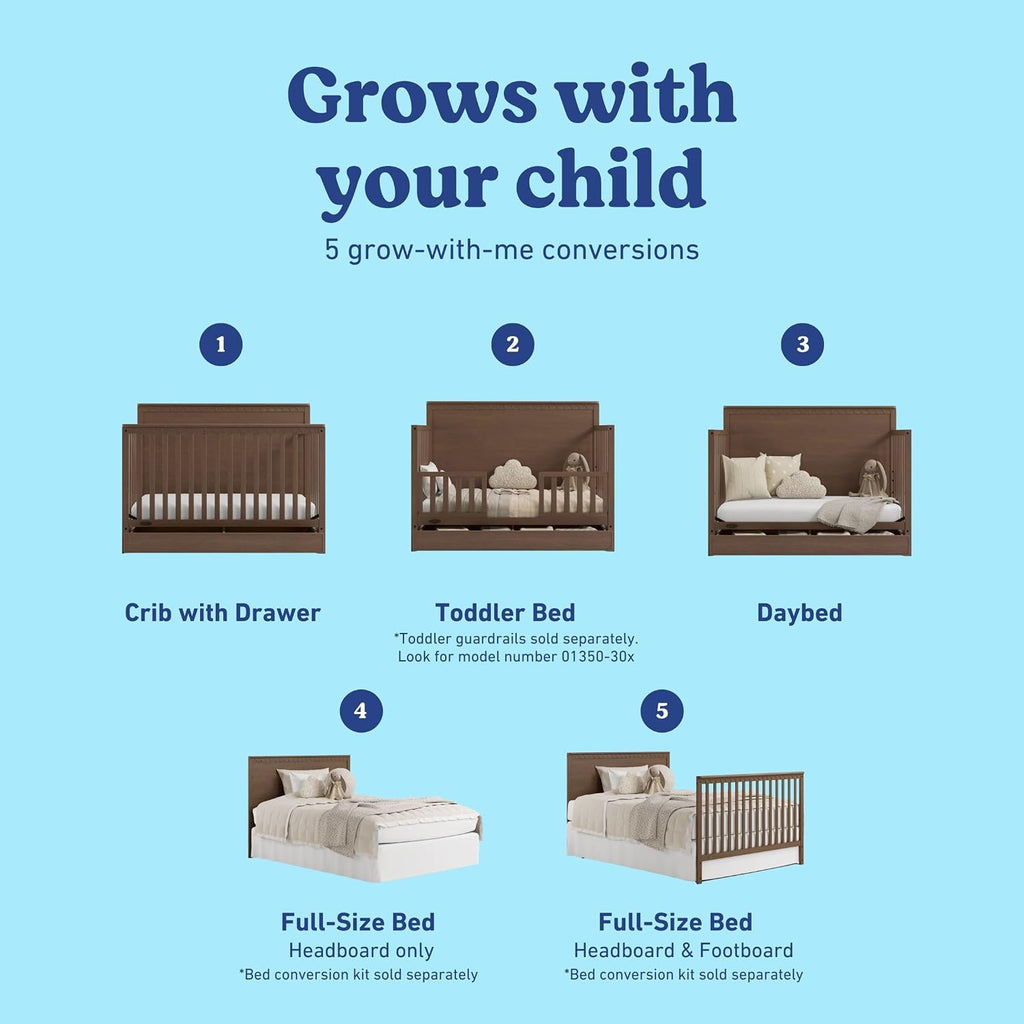 Graco Sasha 5-in-1 Convertible Crib with Drawer (Hazelnut) – GREENGUARD Gold Certified Wood Crib, Converts to Toddler Bed, Daybed, Full-Size Bed, Stylish Classic Design