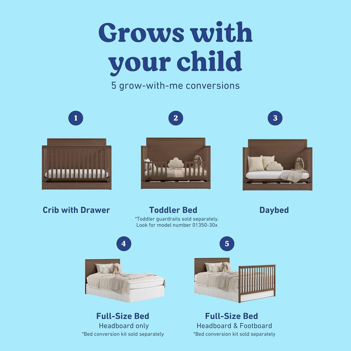 Graco Sasha 5-in-1 Convertible Crib with Drawer (Hazelnut) – GREENGUARD Gold Certified Wood Crib, Converts to Toddler Bed, Daybed, Full-Size Bed, Stylish Classic Design