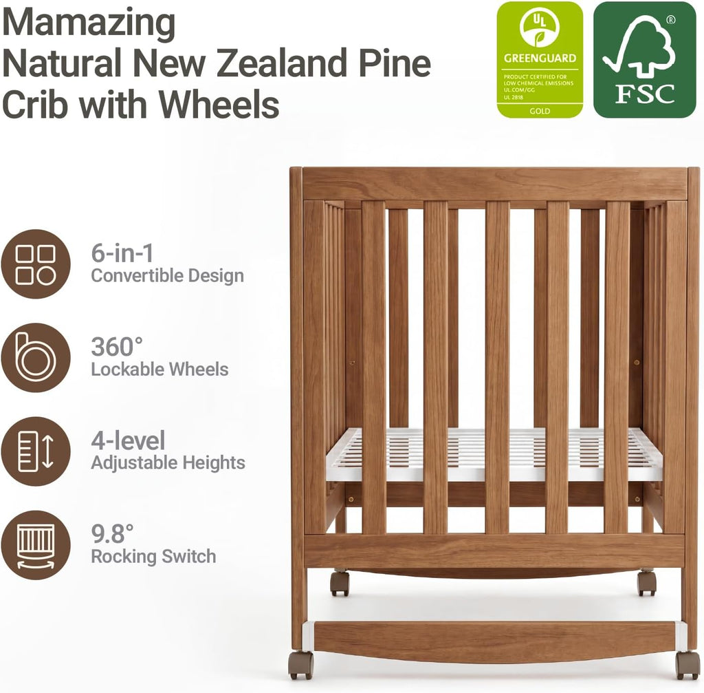 MAMAZING EvoNest 6-in-1 Convertible Baby Mini Crib with Wheels