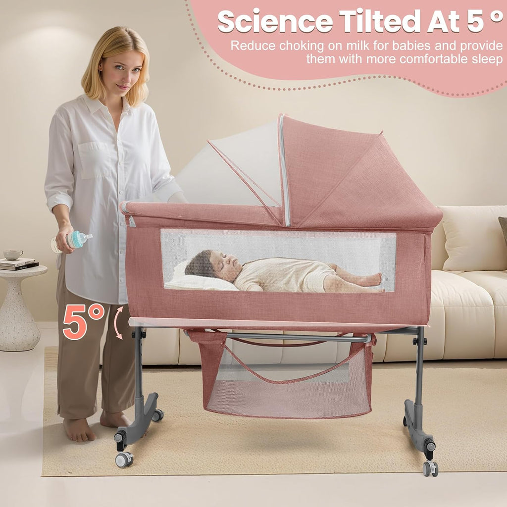 Bedside Bassinet Baby Crib, 3-in-1 Bedside Crib, 6 Levels Height Adjustable Baby Crib with Basket & Mosquito Net, Wheels, Portable Newborn Infant Cradle Bassinet Pink